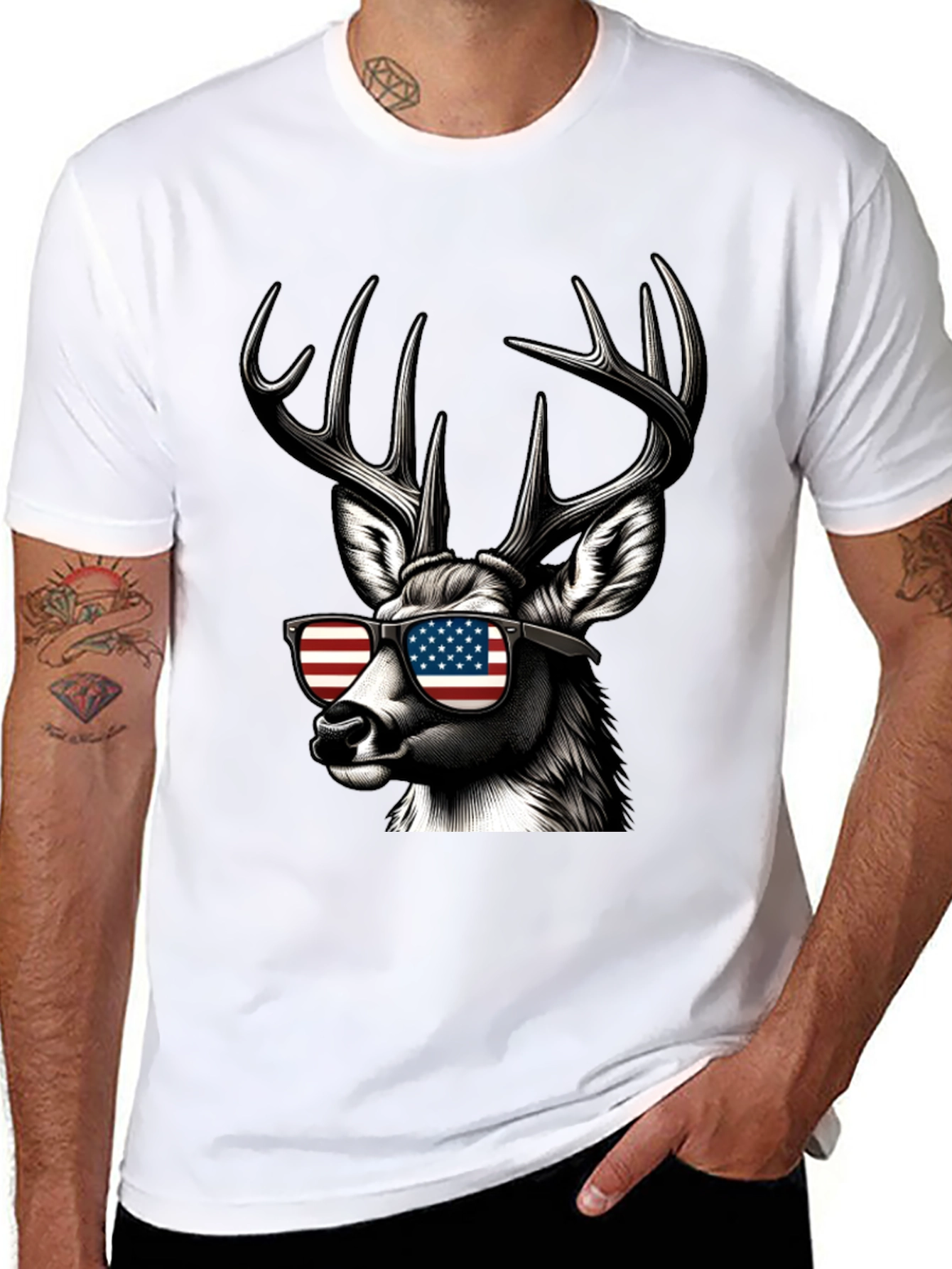 Patriotic Deer T-Shirt - American Flag Sunglasses