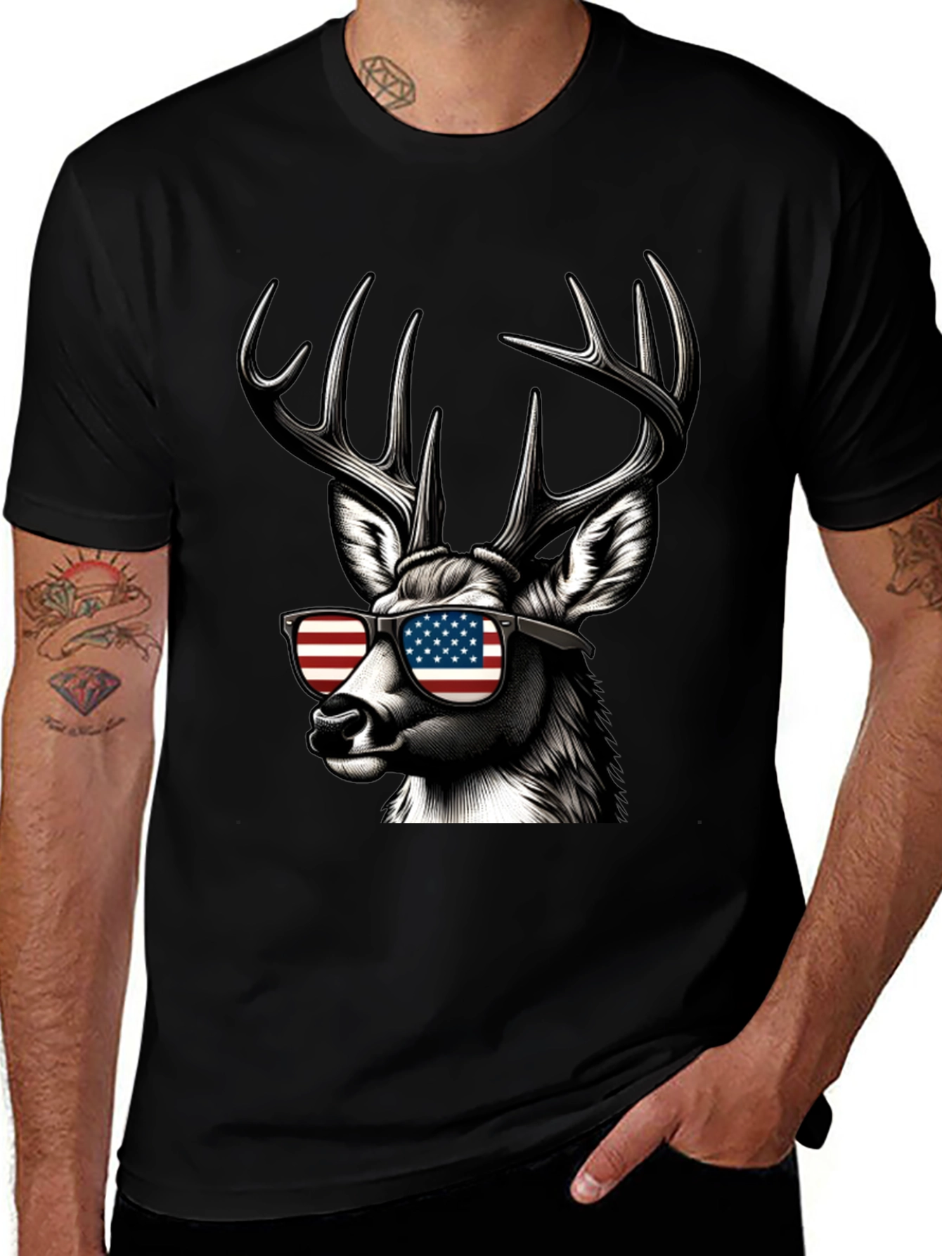 Patriotic Deer T-Shirt - American Flag Sunglasses