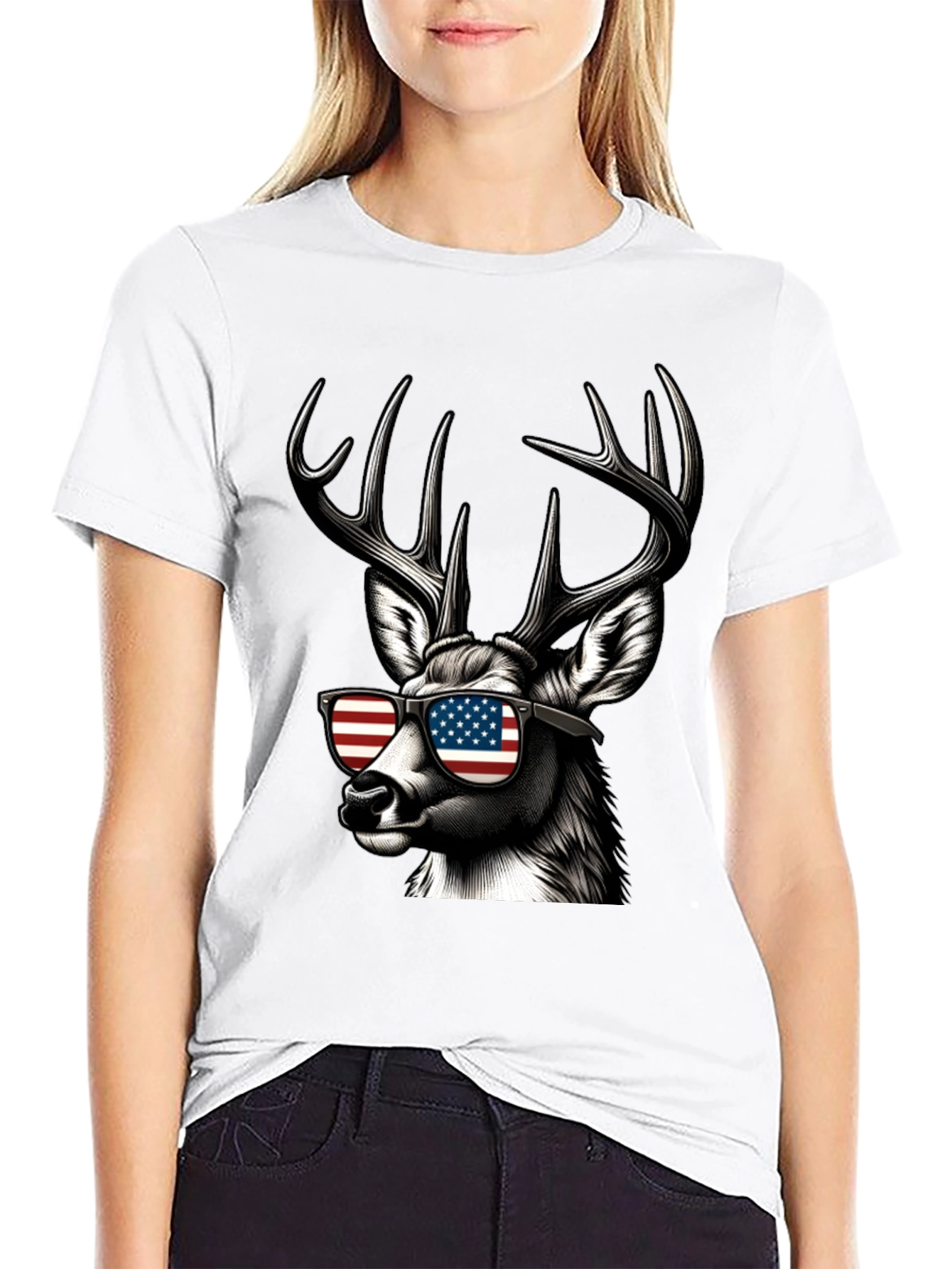Patriotic Deer T-Shirt - American Flag Sunglasses