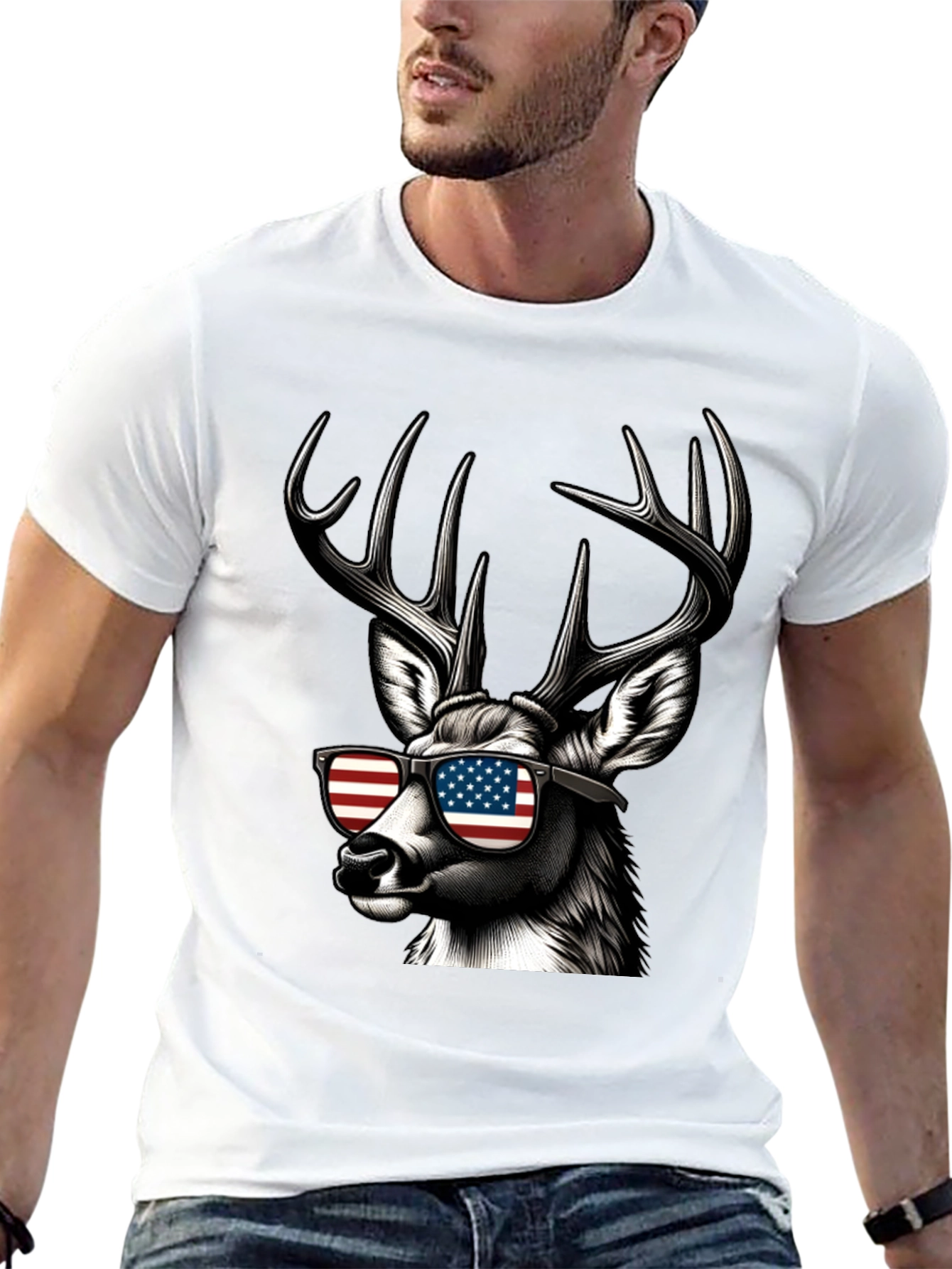 Patriotic Deer T-Shirt - American Flag Sunglasses