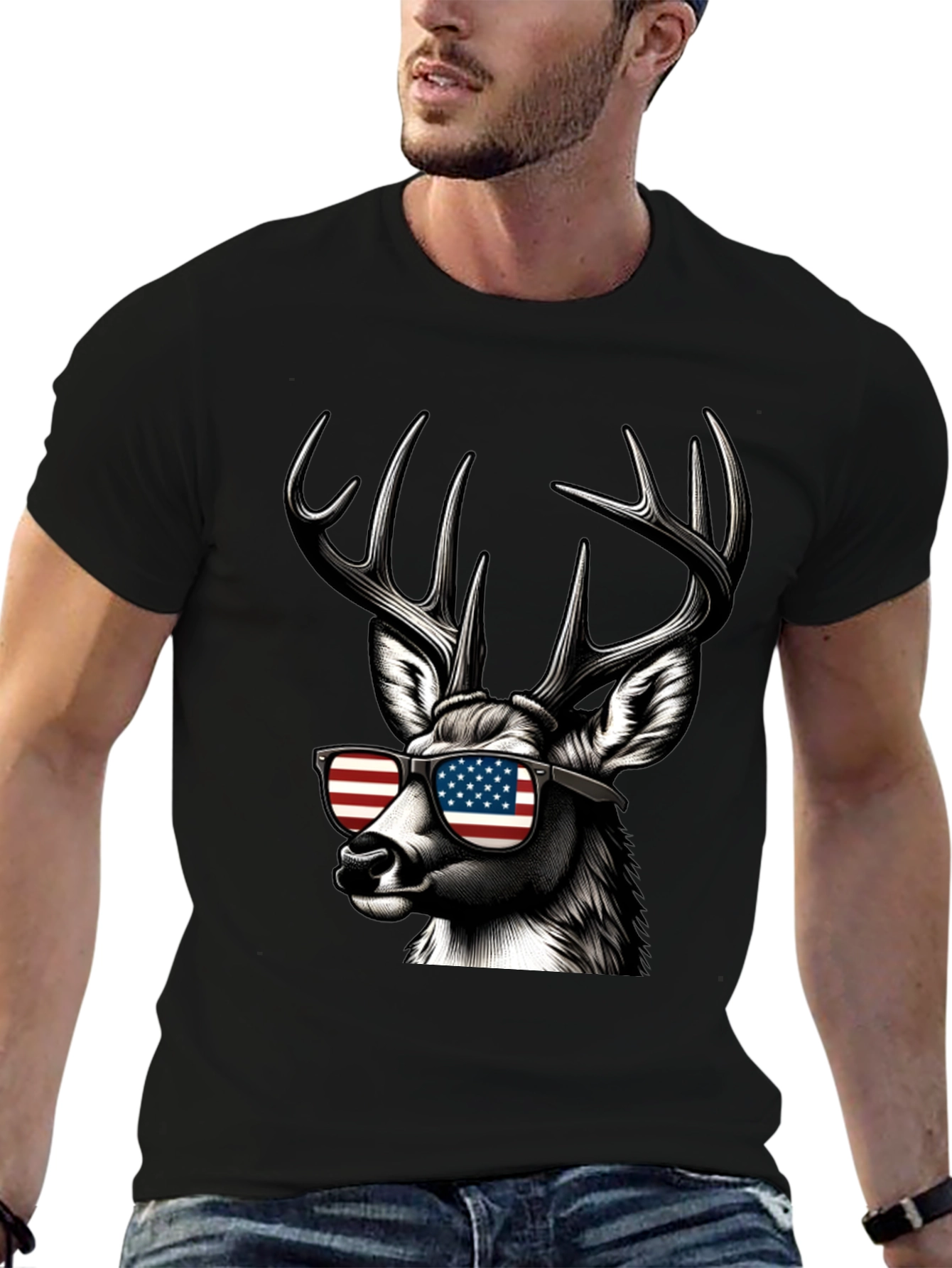 Patriotic Deer T-Shirt - American Flag Sunglasses