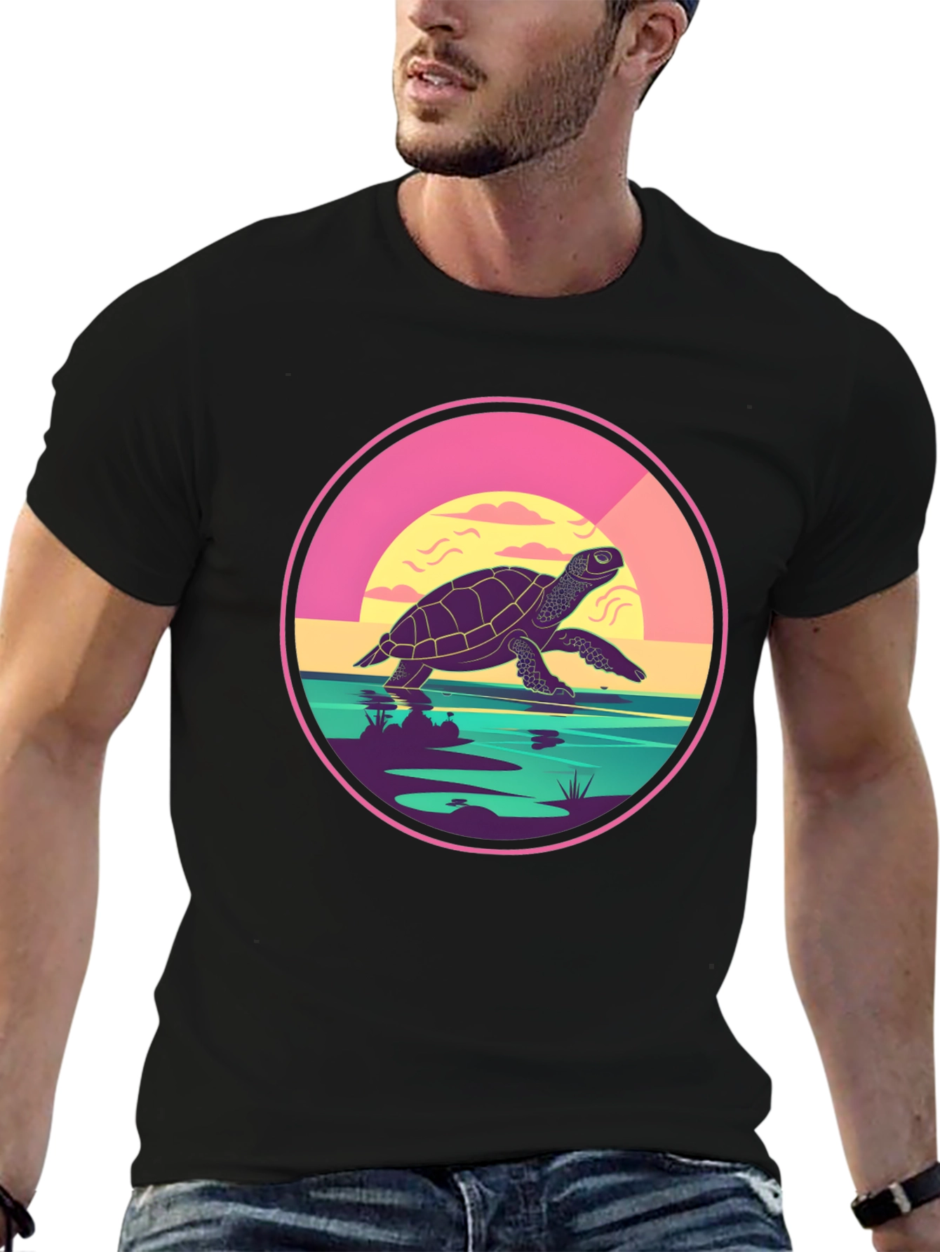 Turtle Sunset Graphic Tee - Unique Round Design
