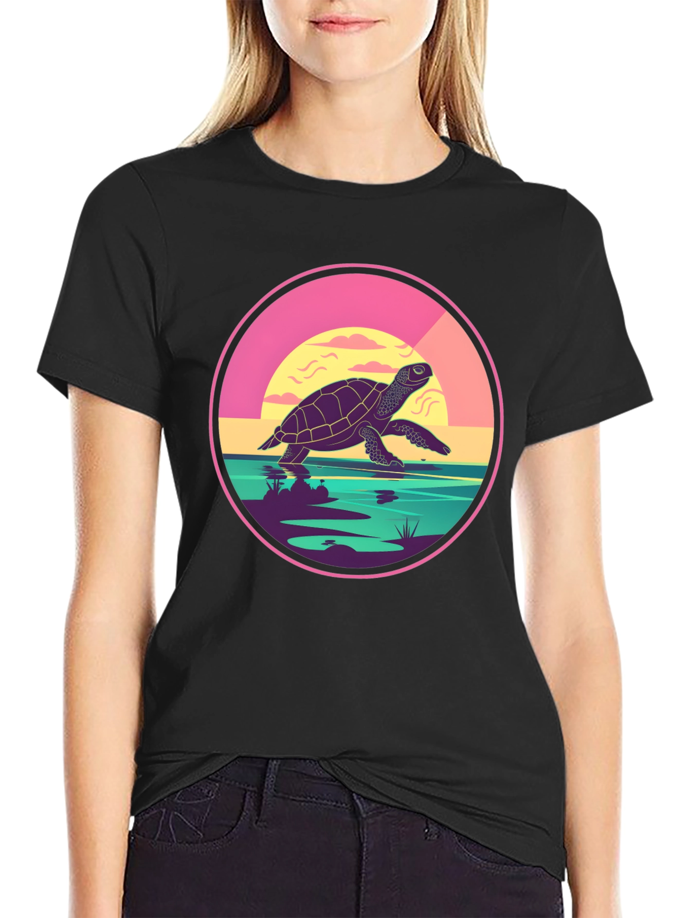 Turtle Sunset Graphic Tee - Unique Round Design
