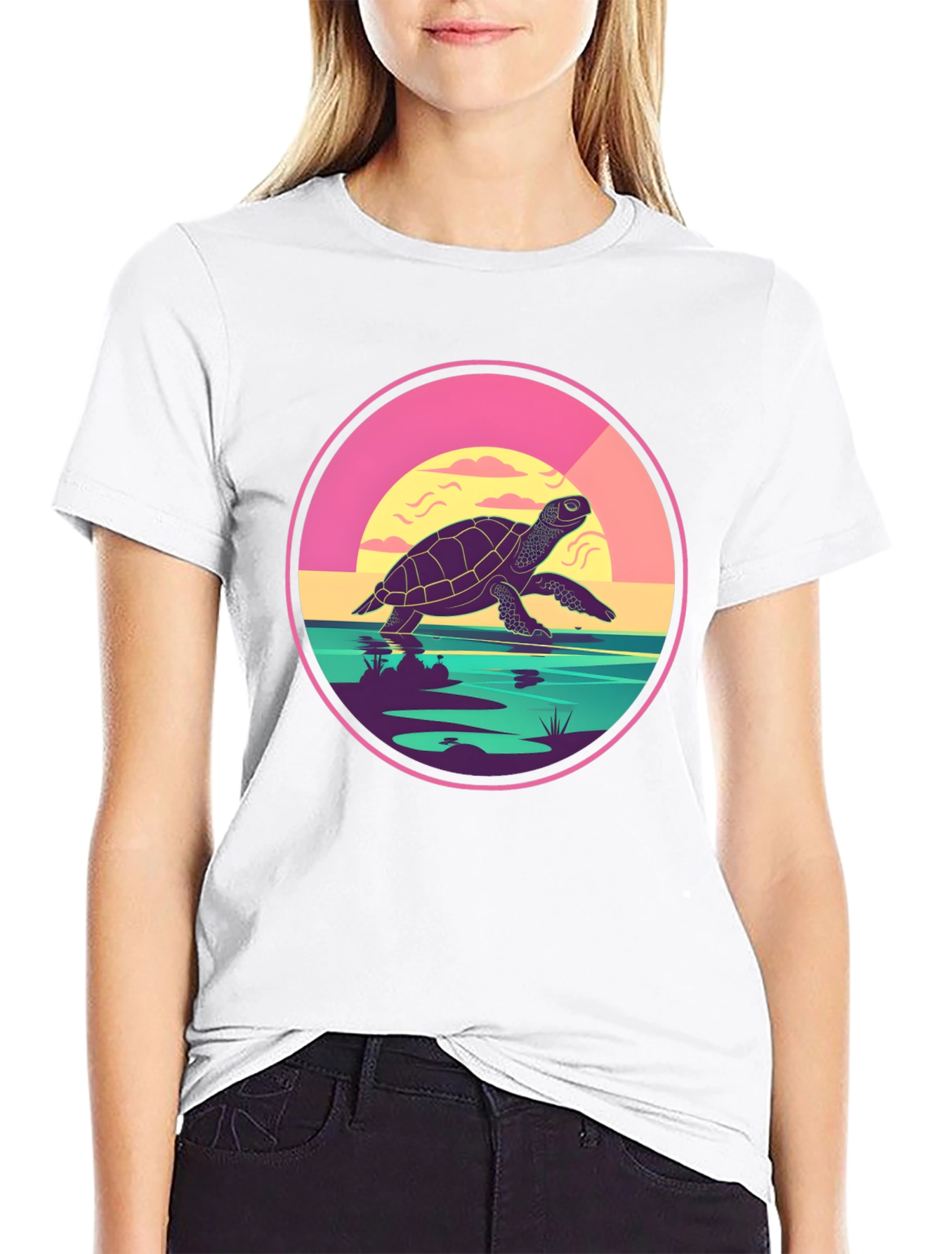 Turtle Sunset Graphic Tee - Unique Round Design