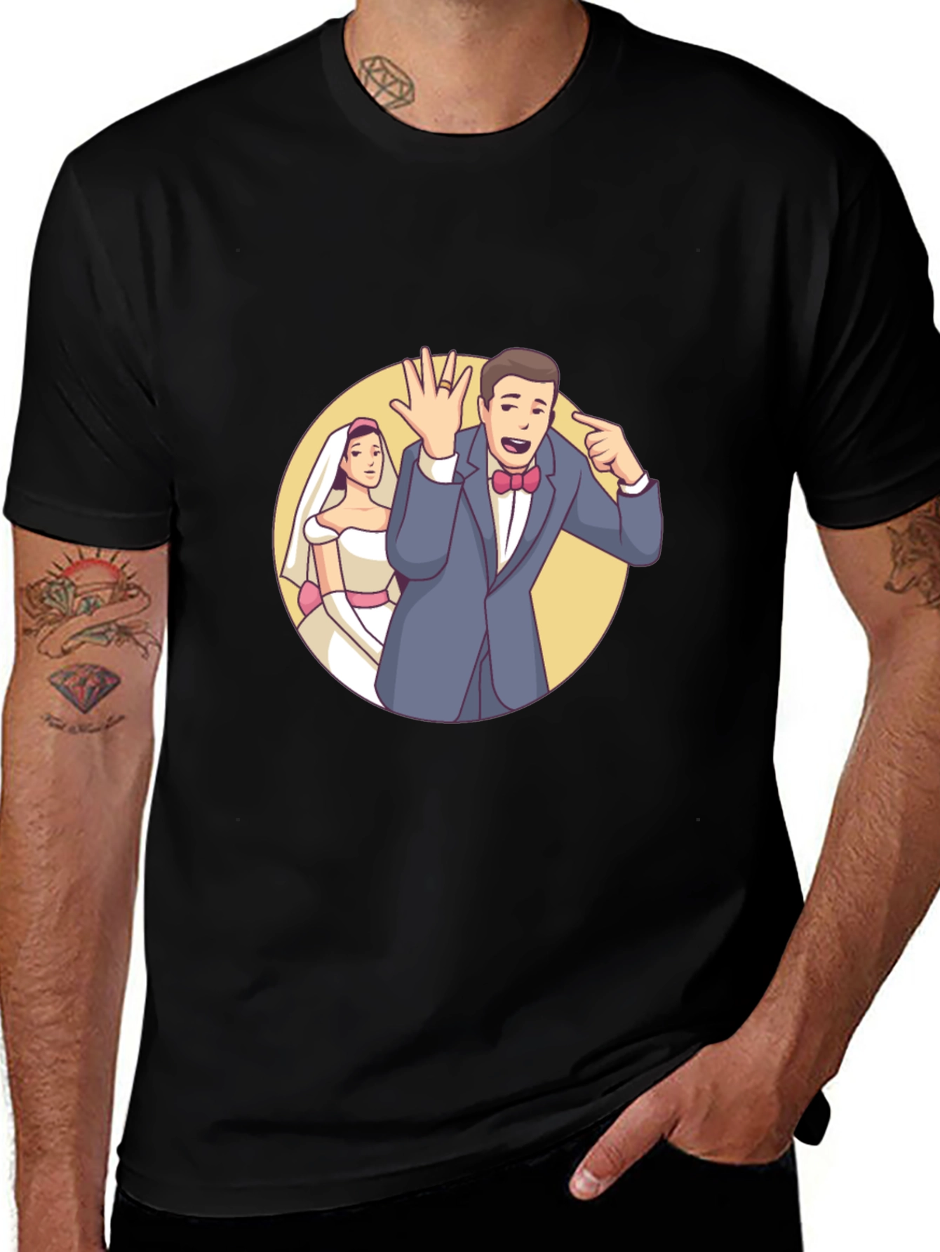 Cartoon Wedding Couple Black T-Shirt