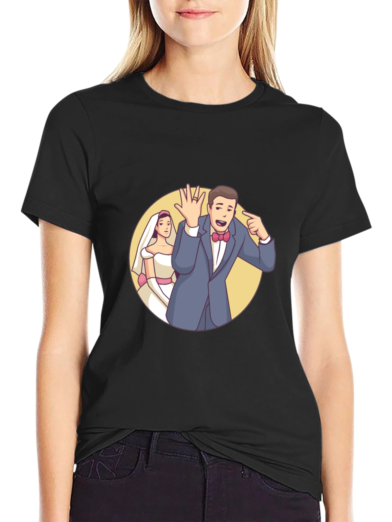 Cartoon Wedding Couple Black T-Shirt