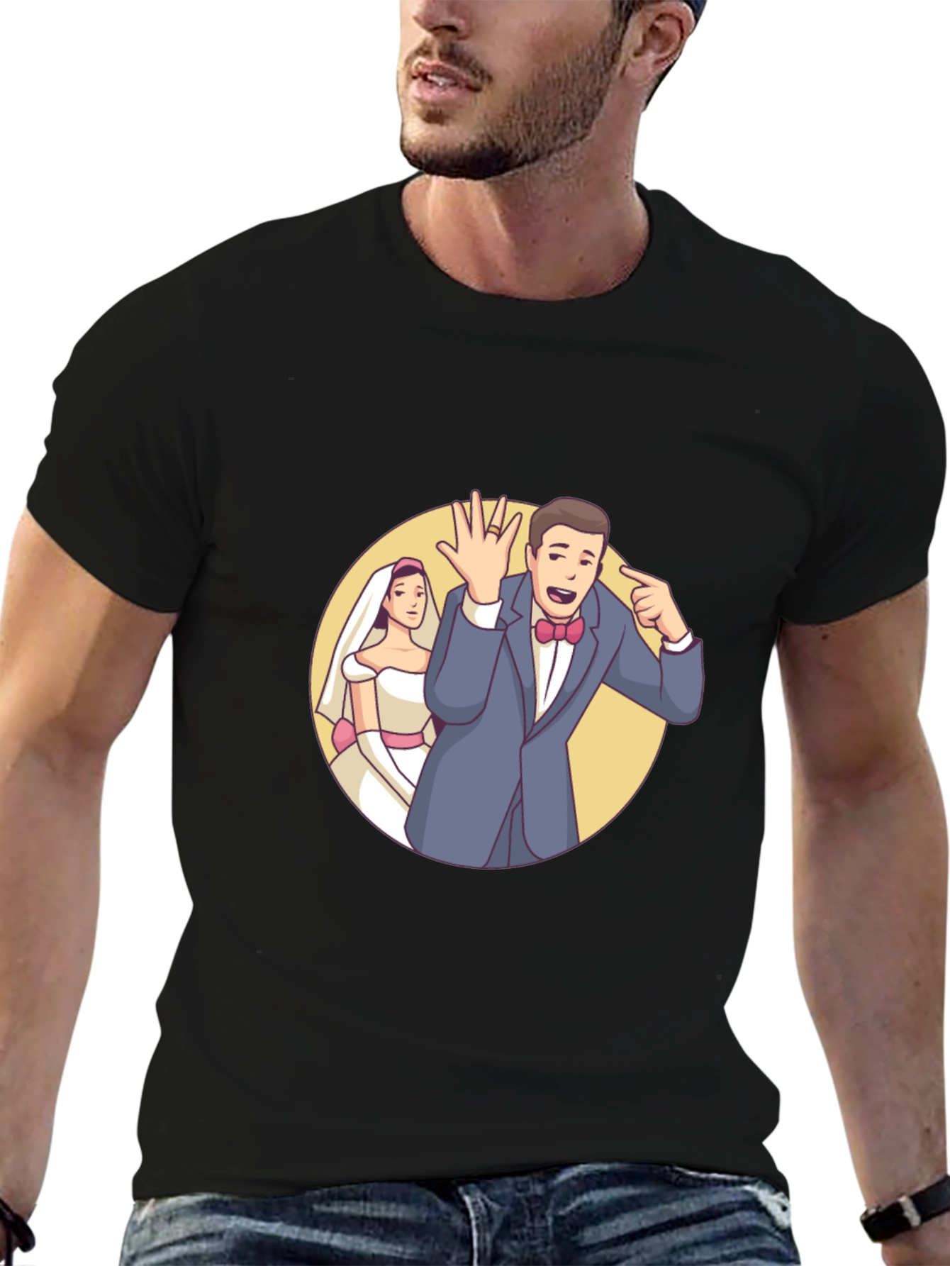 Cartoon Wedding Couple Black T-Shirt