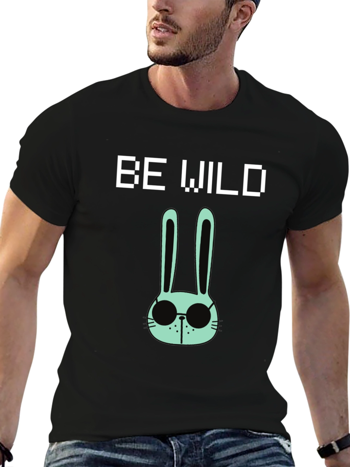 Be Wild Rabbit Graphic Tee - Black Cotton T-Shirt