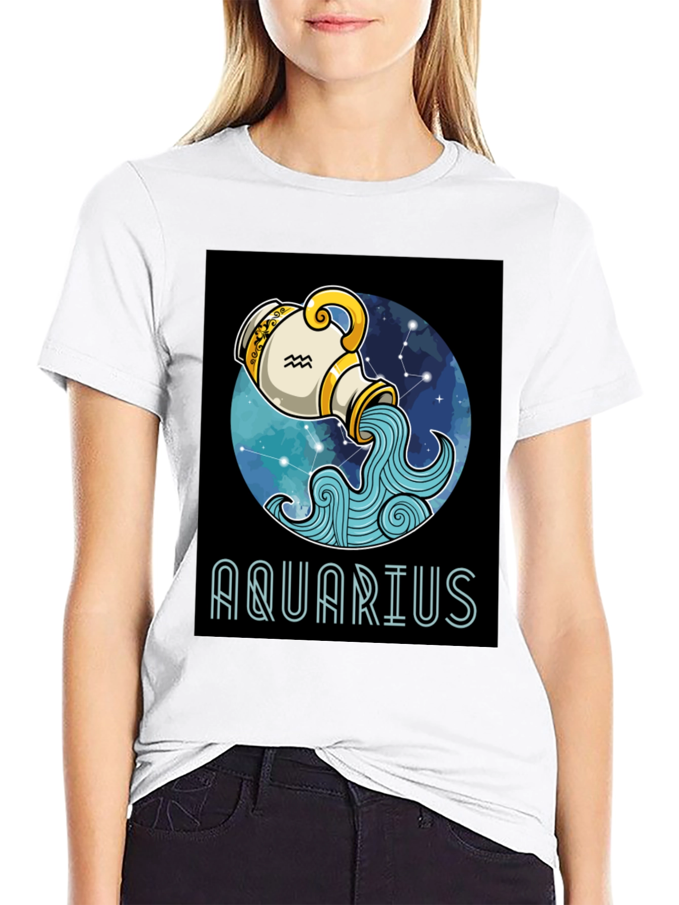 Aquarius Zodiac T-Shirt - Black Cotton Blend