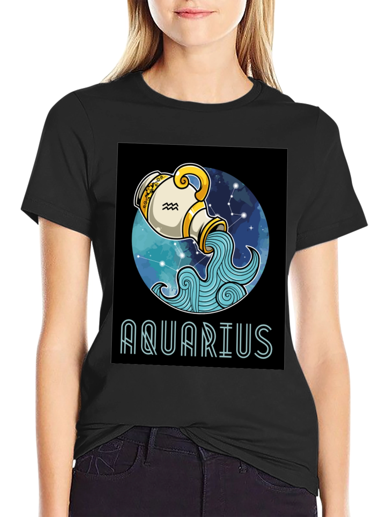Aquarius Zodiac T-Shirt - Black Cotton Blend
