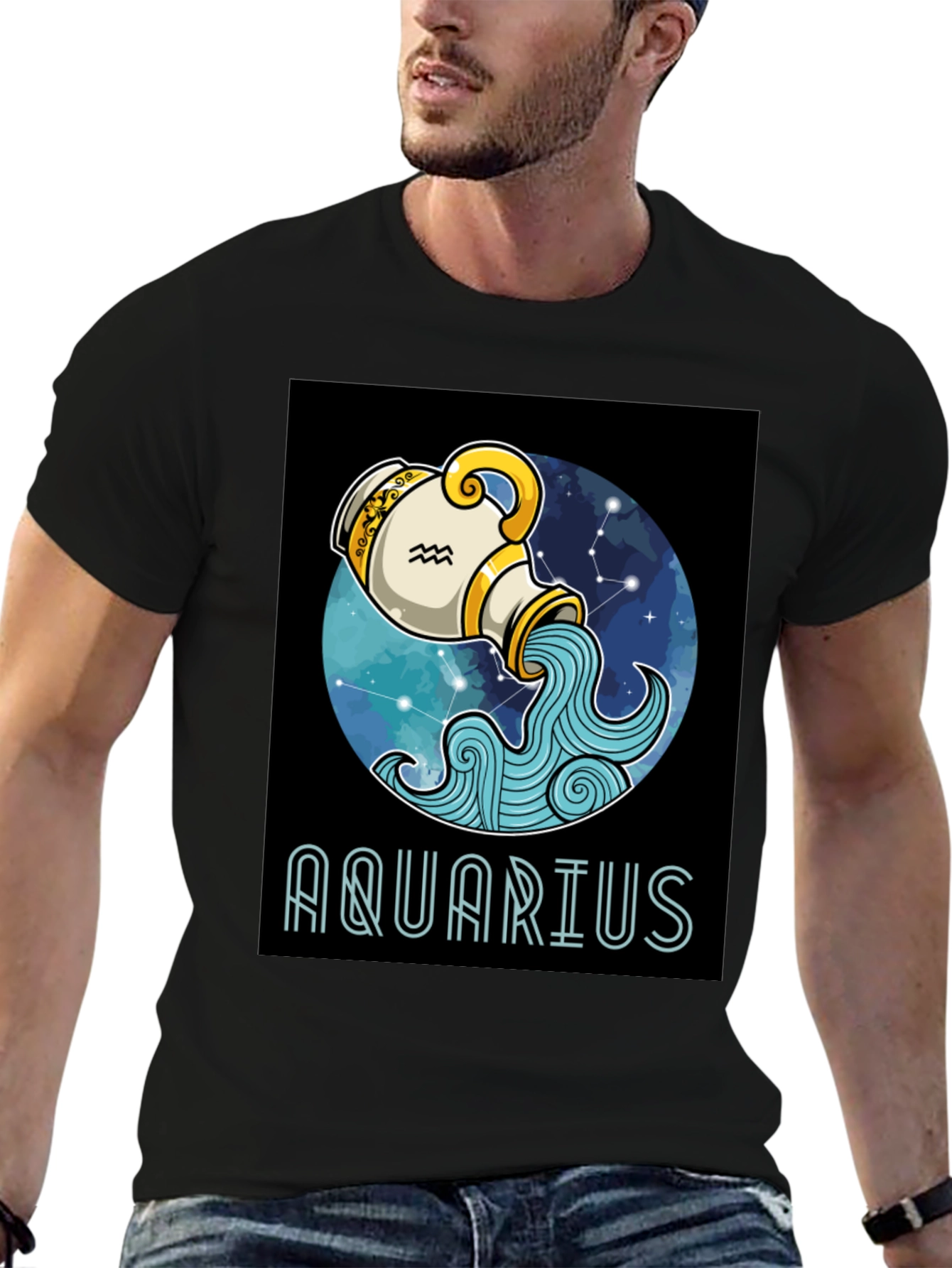 Aquarius Zodiac T-Shirt - Black Cotton Blend