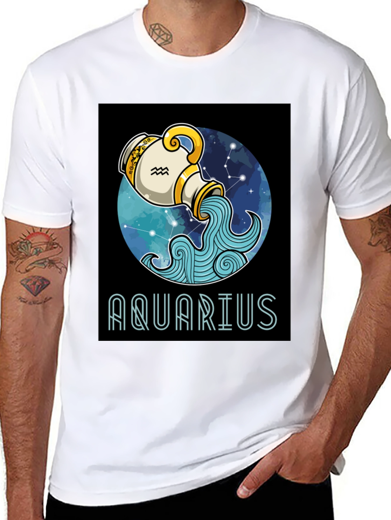 Aquarius Zodiac T-Shirt - Black Cotton Blend