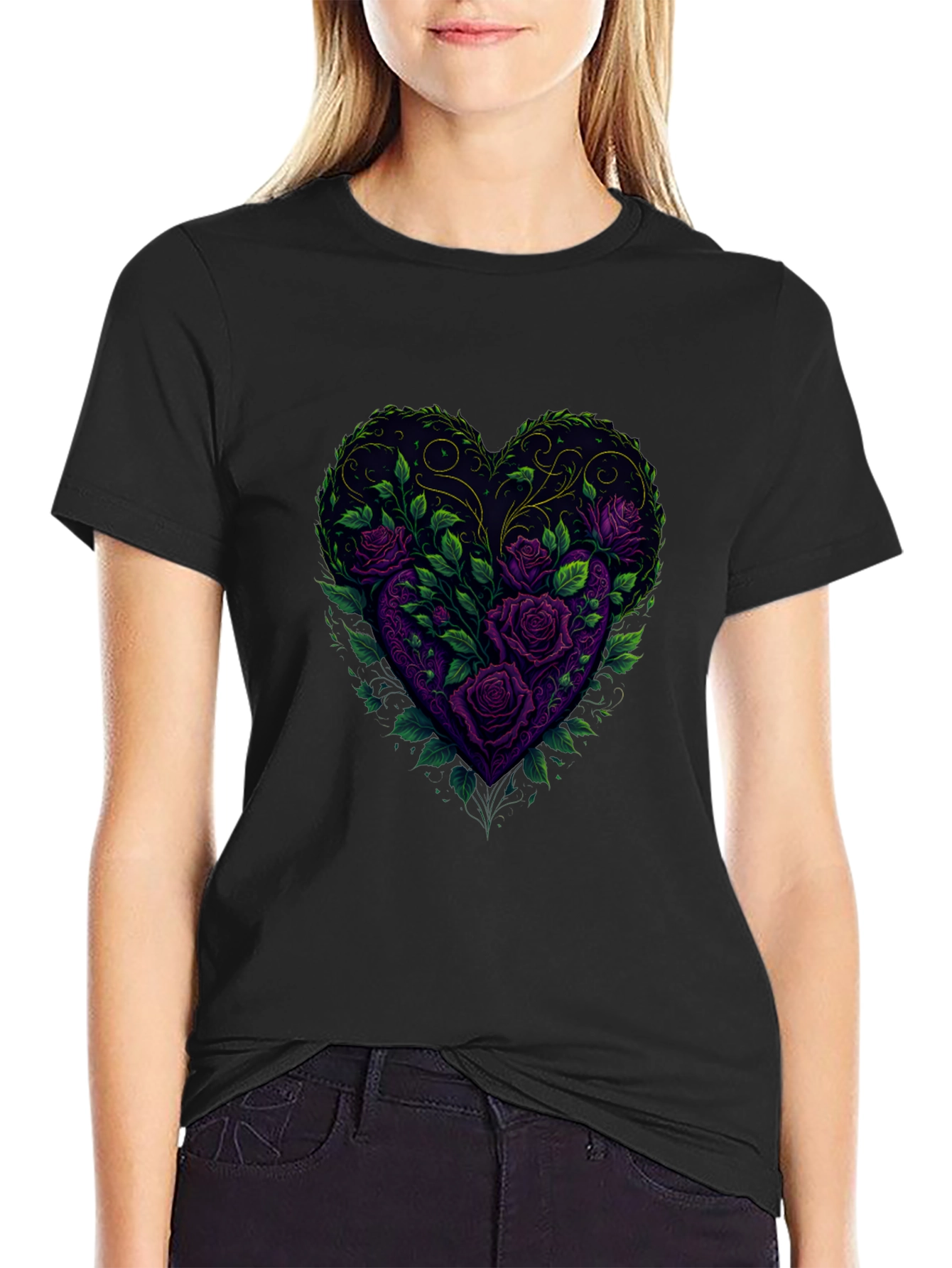 Rose Heart Graphic Tee - Romantic Floral Design