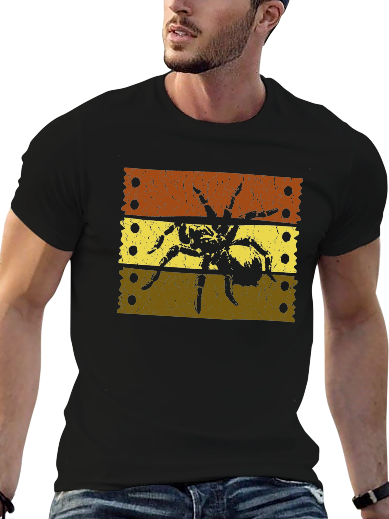 Striped Tarantula Graphic Tee - Soft Black Cotton T-Shirt