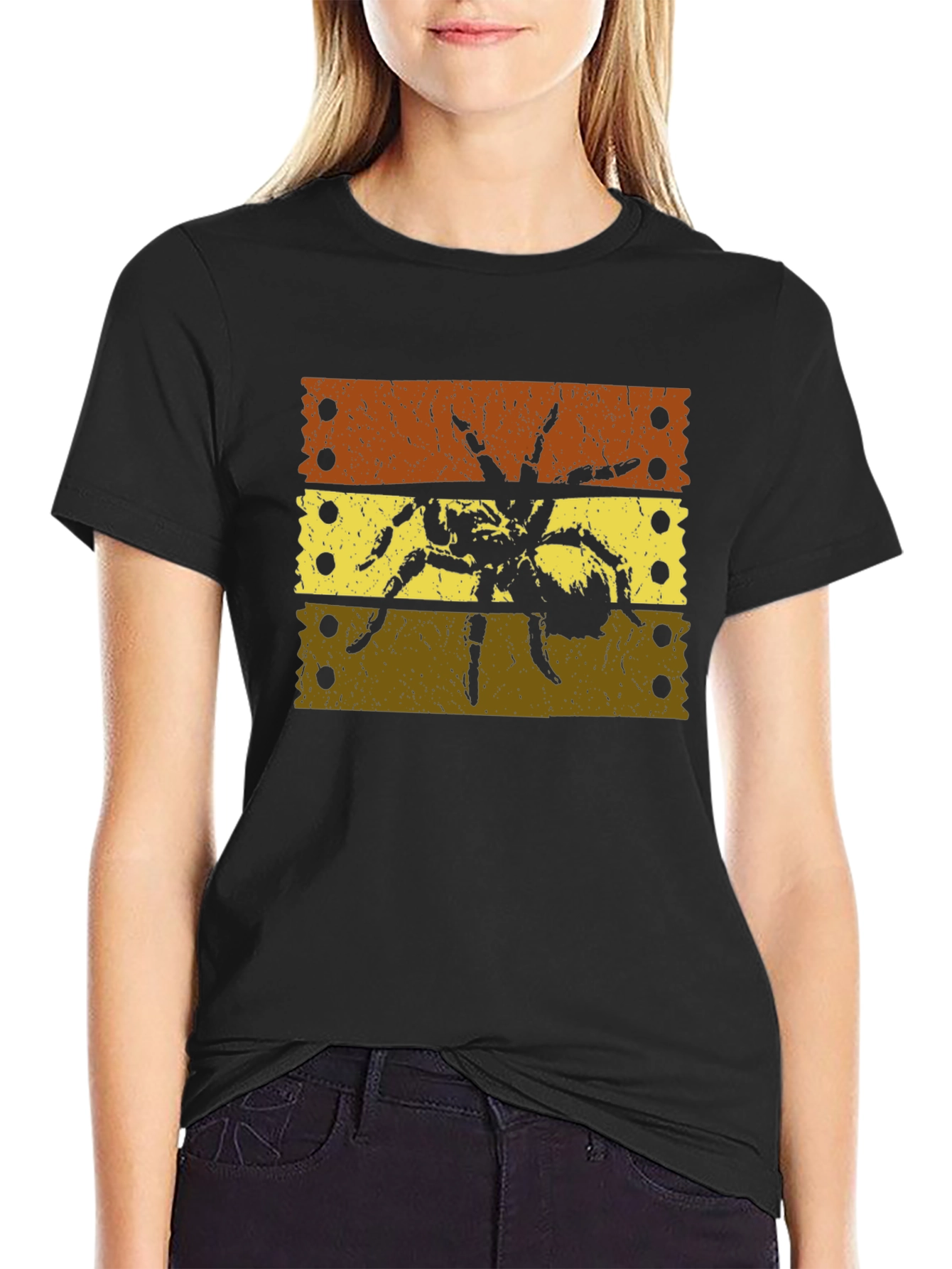 Striped Tarantula Graphic Tee - Soft Black Cotton T-Shirt