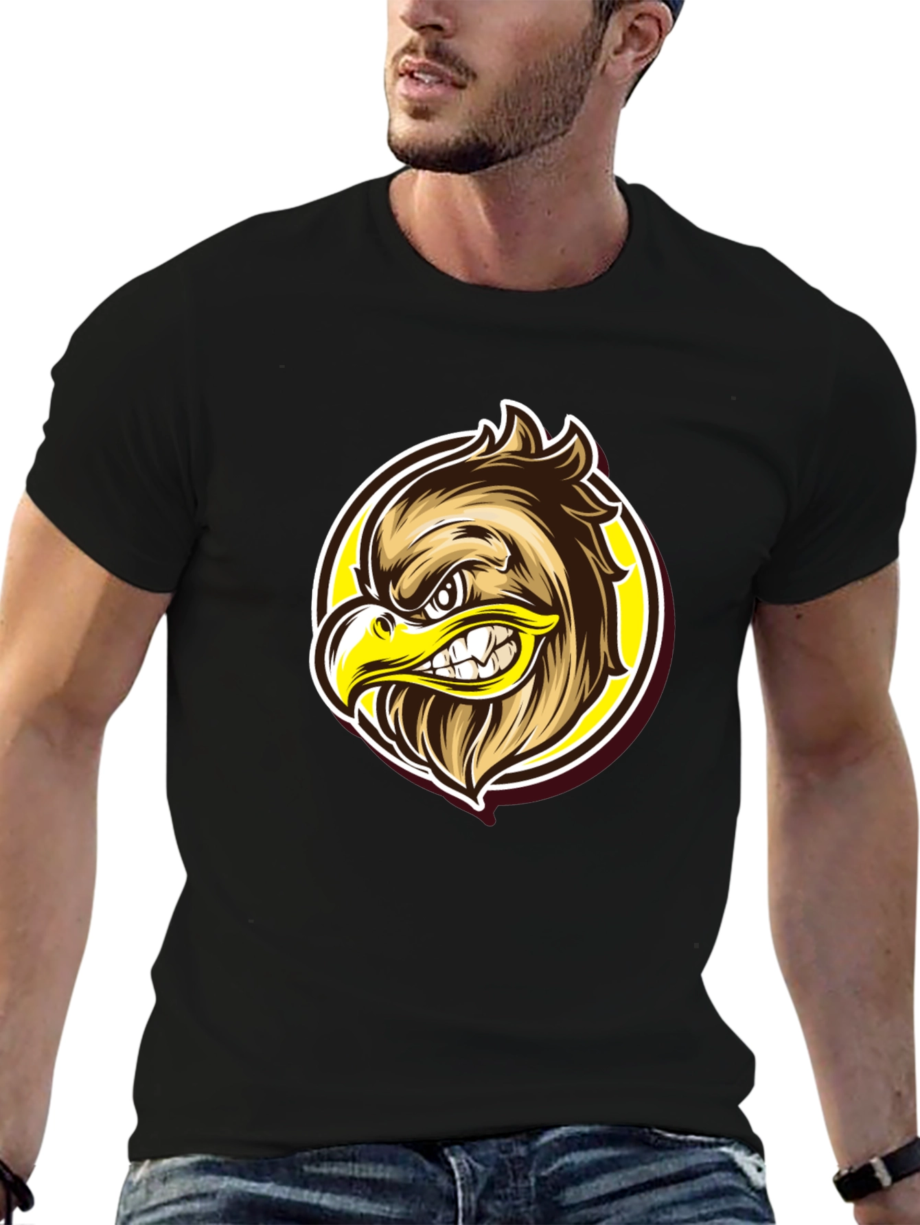 Eagle Graphic Black T-Shirt - Fierce Cartoon Design