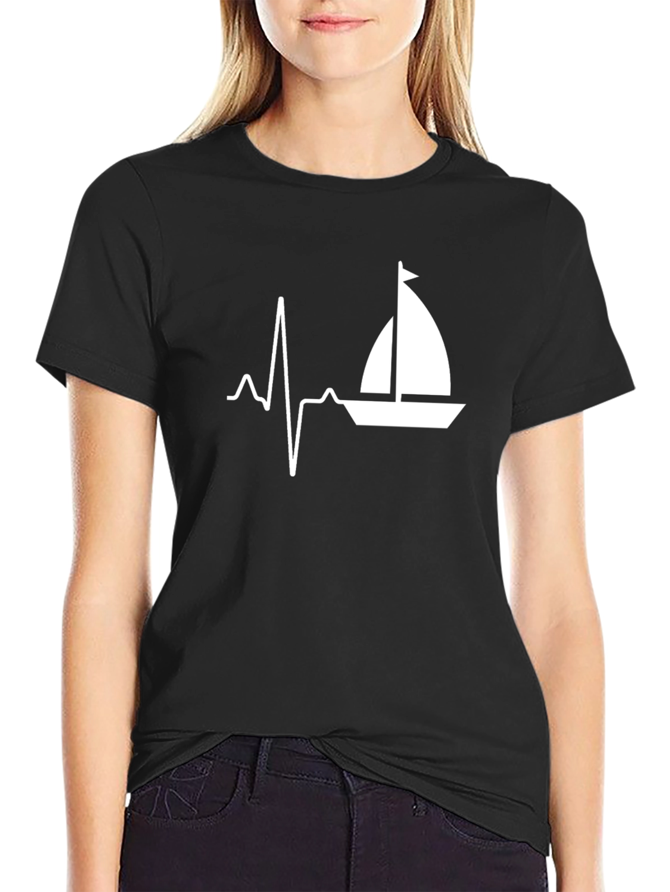Sailboat Heartbeat Graphic Tee - Black