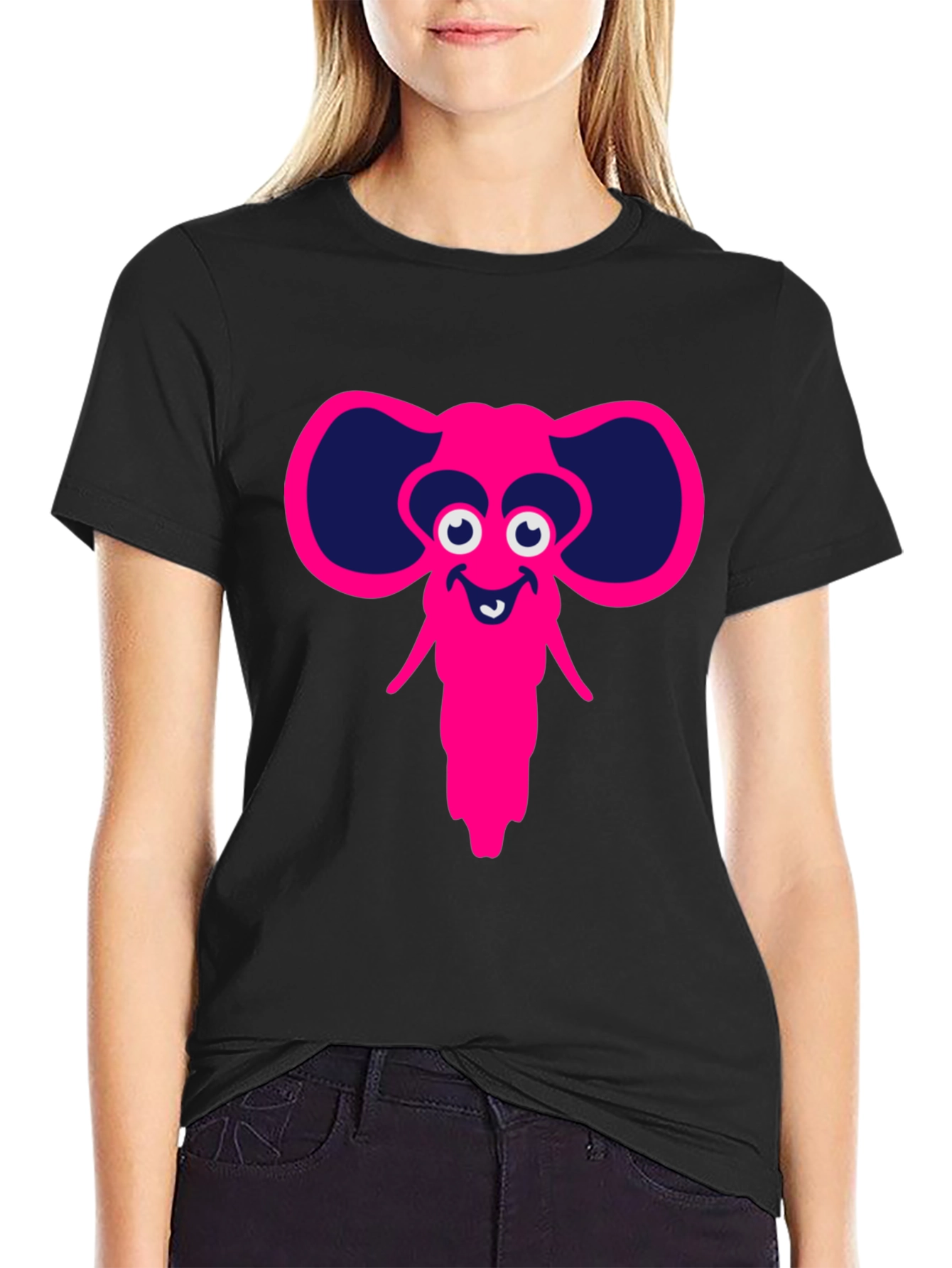Cartoon Elephant Graphic Tee - Black
