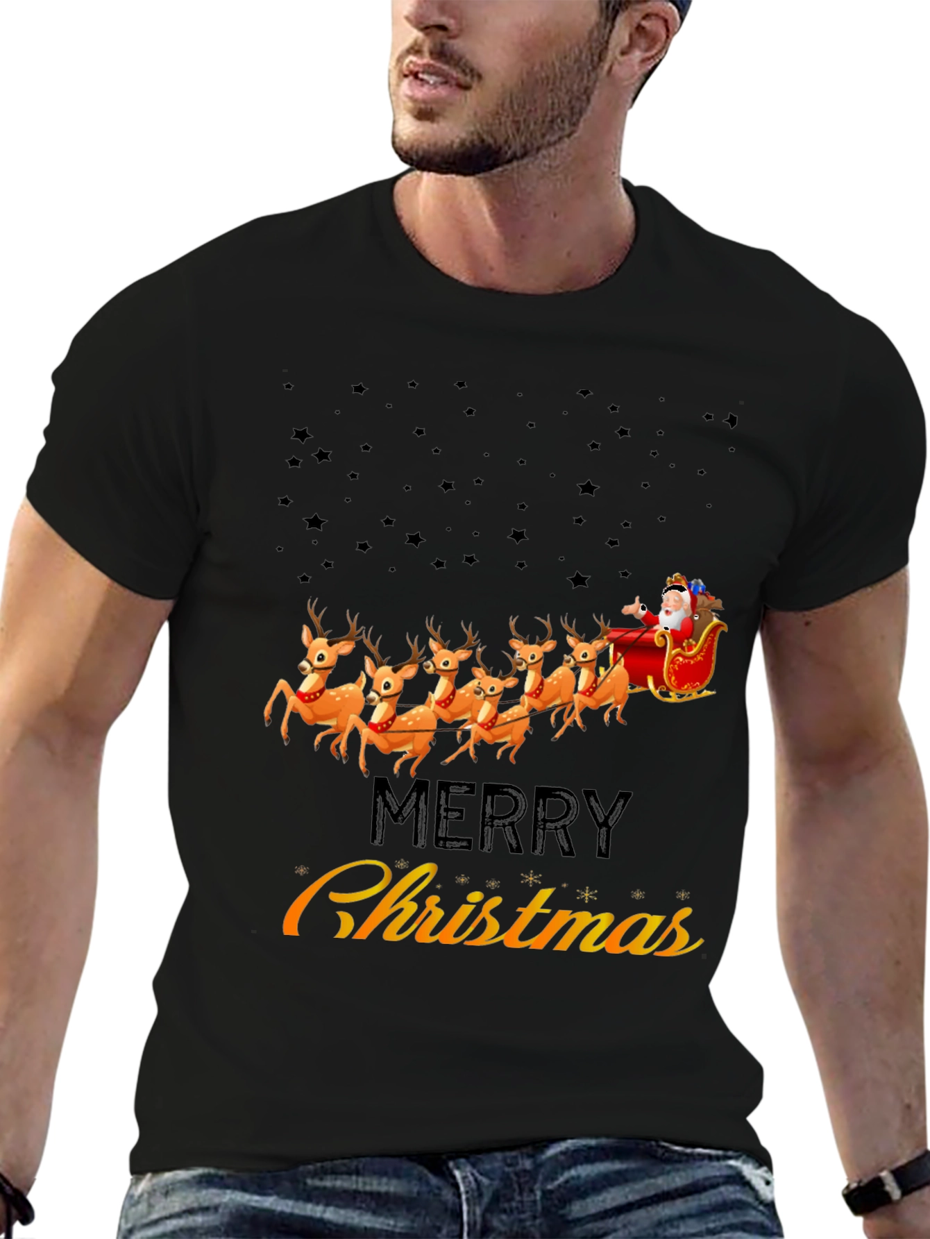 Merry Christmas Santa Sleigh Reindeer Graphic T-Shirt