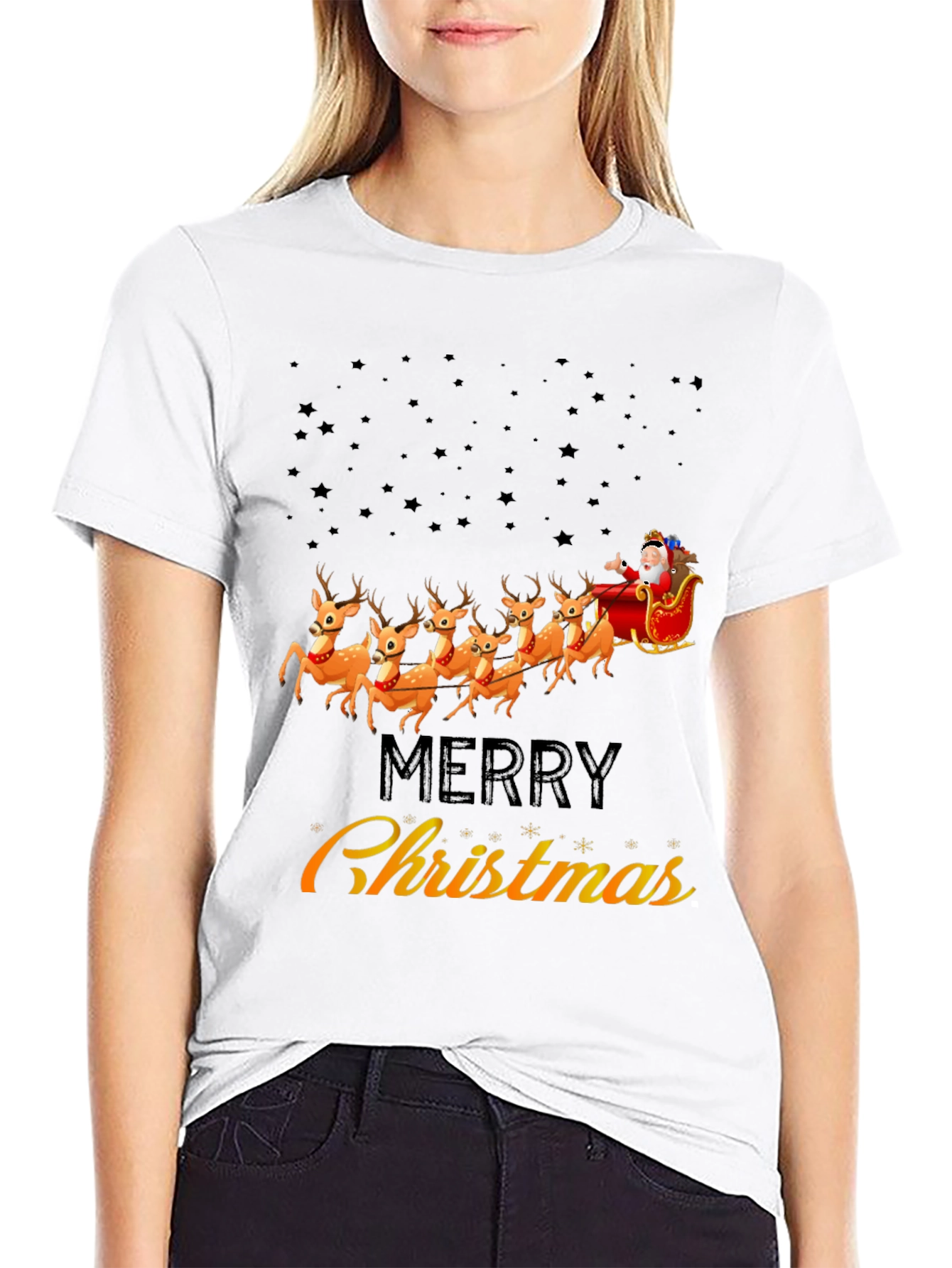 Merry Christmas Santa Sleigh Reindeer Graphic T-Shirt