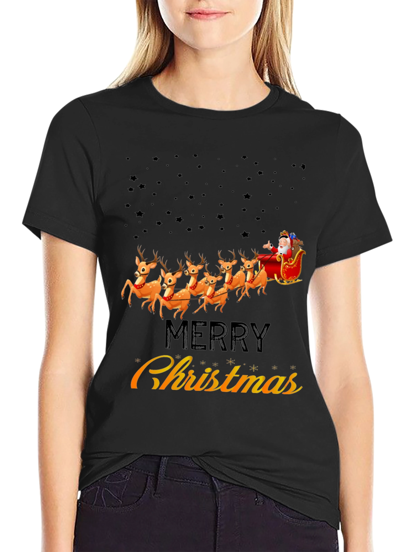 Merry Christmas Santa Sleigh Reindeer Graphic T-Shirt