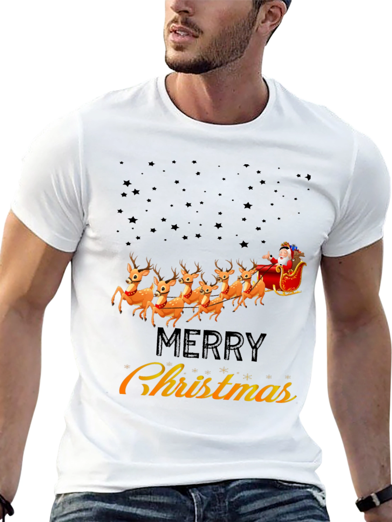 Merry Christmas Santa Sleigh Reindeer Graphic T-Shirt