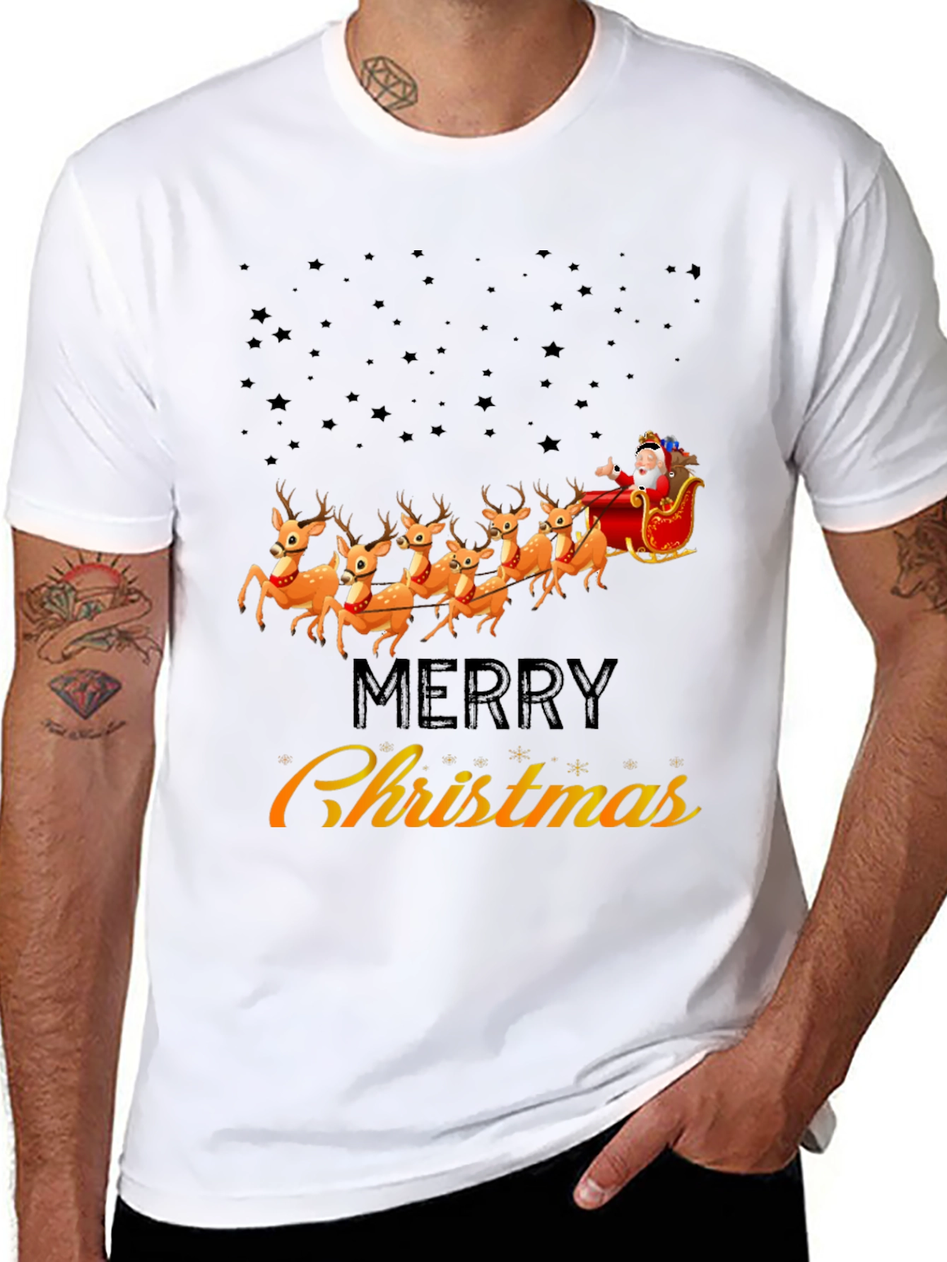 Merry Christmas Santa Sleigh Reindeer Graphic T-Shirt