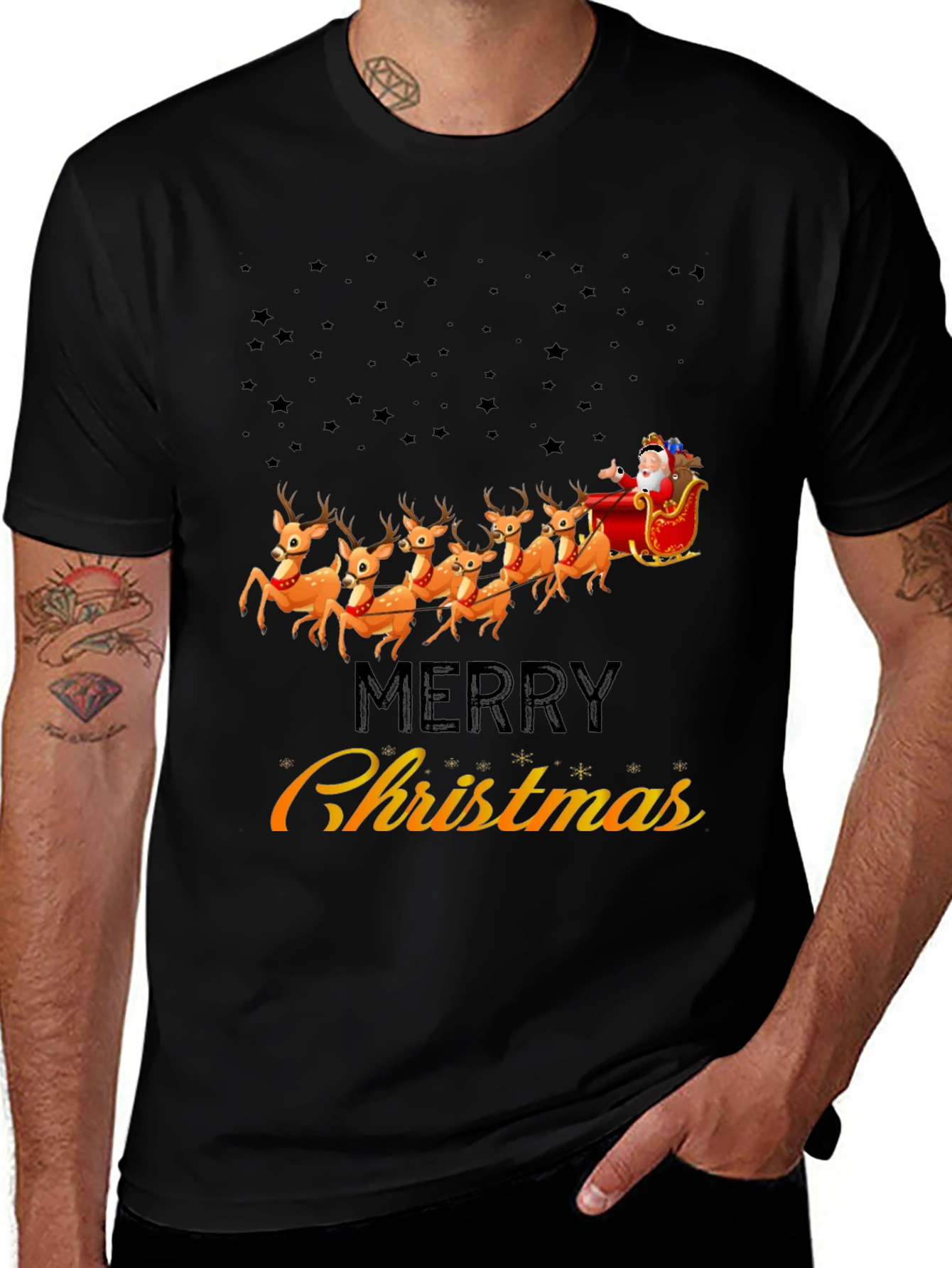 Merry Christmas Santa Sleigh Reindeer Graphic T-Shirt