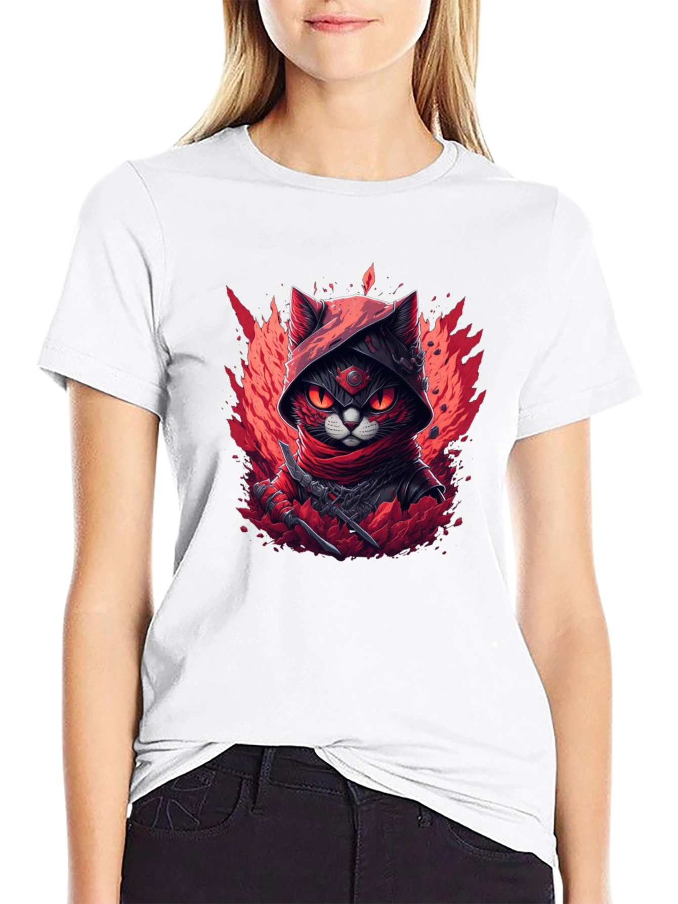 Ninja Cat Graphic T-Shirt - Red & Black