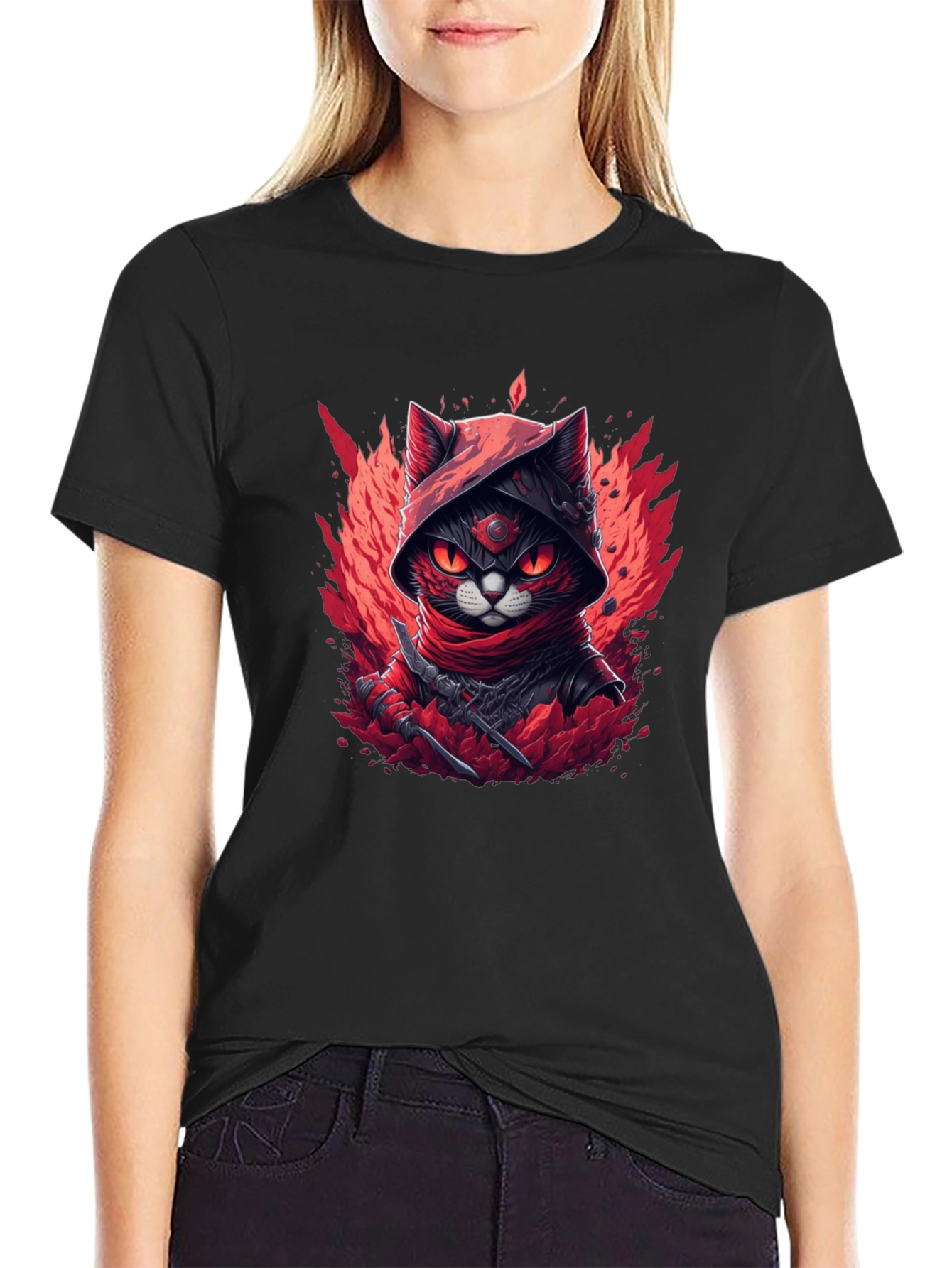 Ninja Cat Graphic T-Shirt - Red & Black