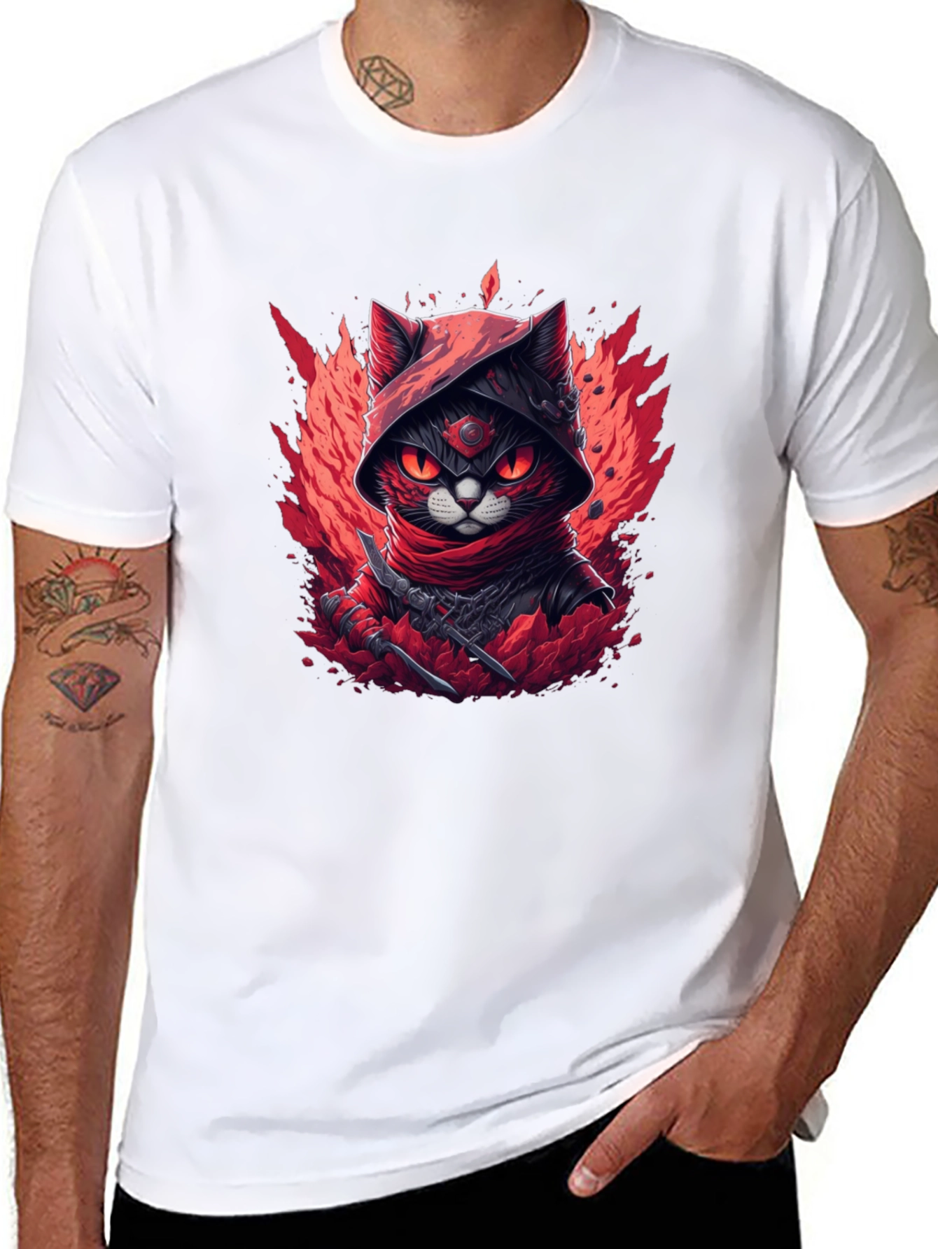 Ninja Cat Graphic T-Shirt - Red & Black