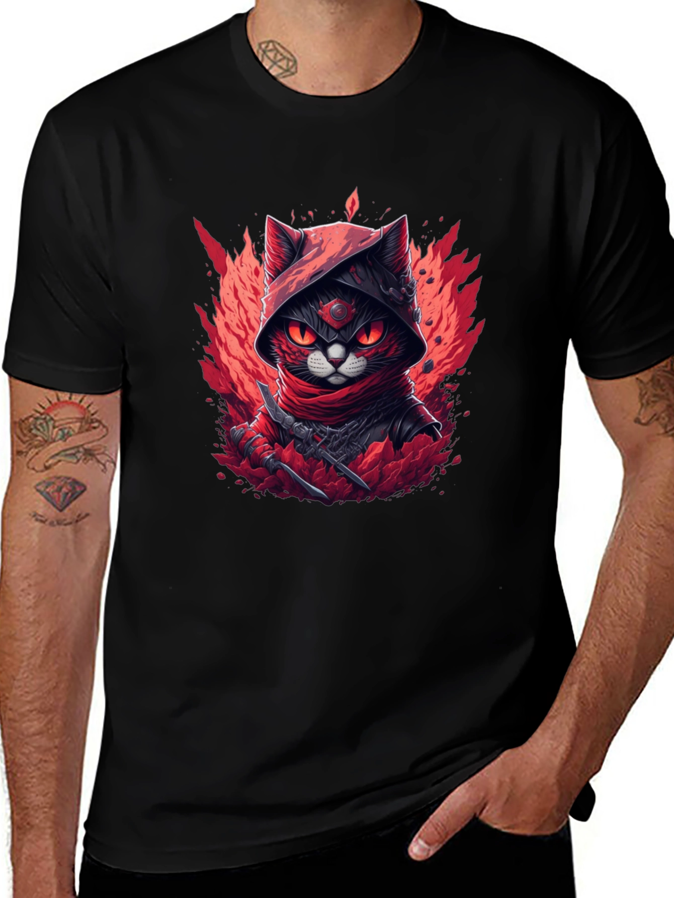Ninja Cat Graphic T-Shirt - Red & Black