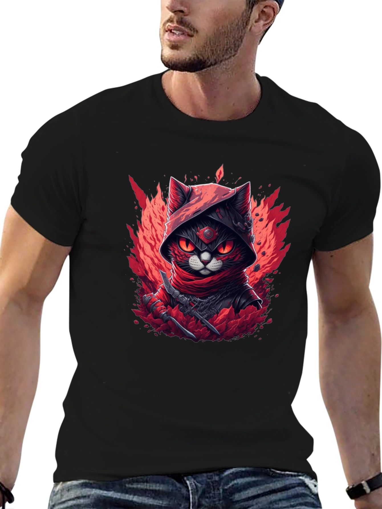Ninja Cat Graphic T-Shirt - Red & Black