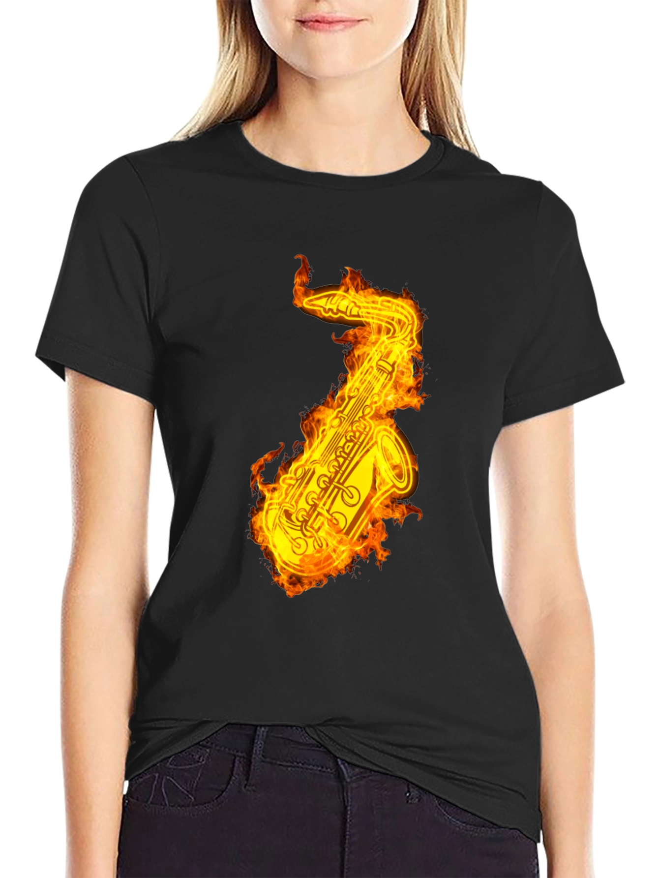 Flaming Saxophone Graphic Tee - Black