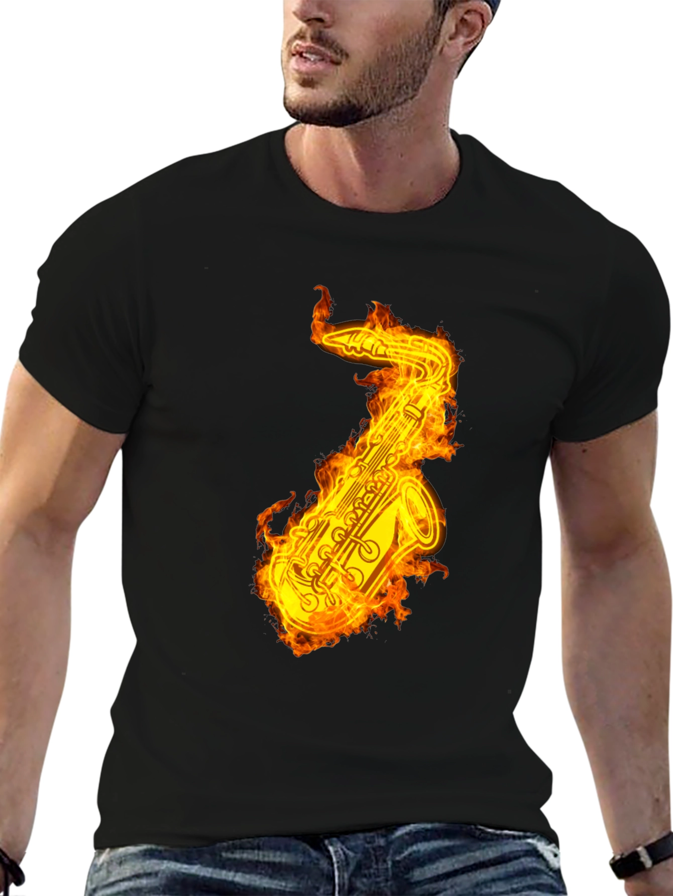 Flaming Saxophone Graphic Tee - Black