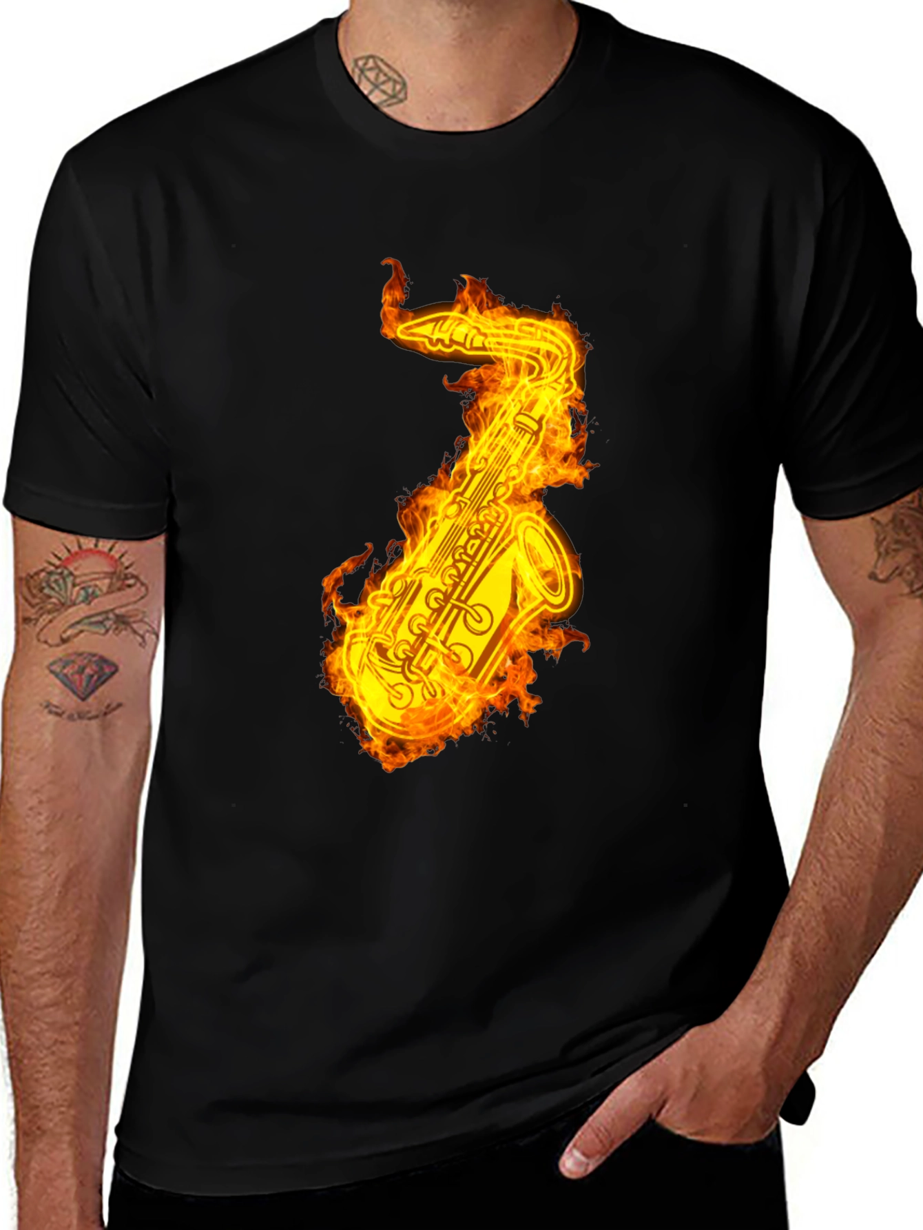Flaming Saxophone Graphic Tee - Black