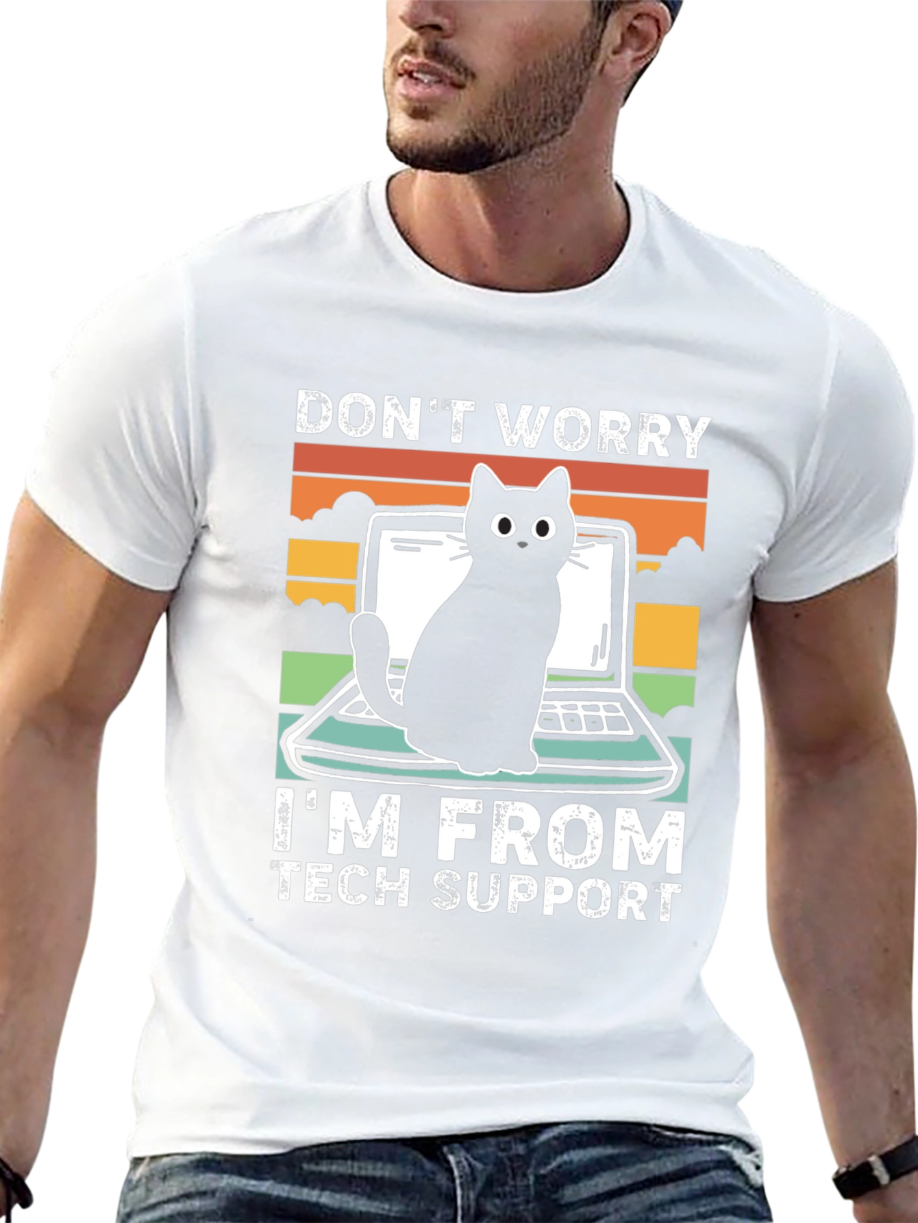 Tech Support Cat Graphic T-Shirt - Black