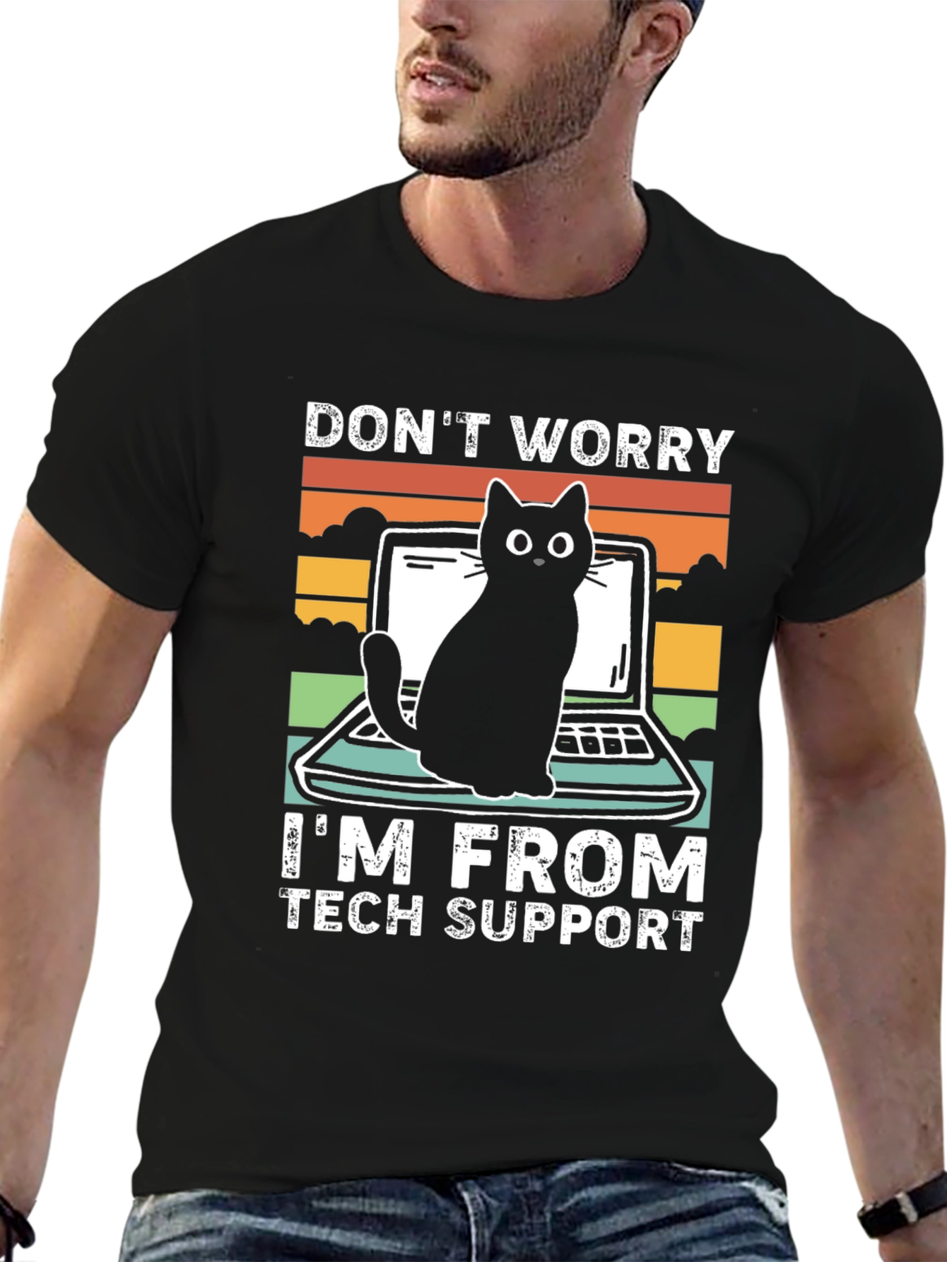 Tech Support Cat Graphic T-Shirt - Black