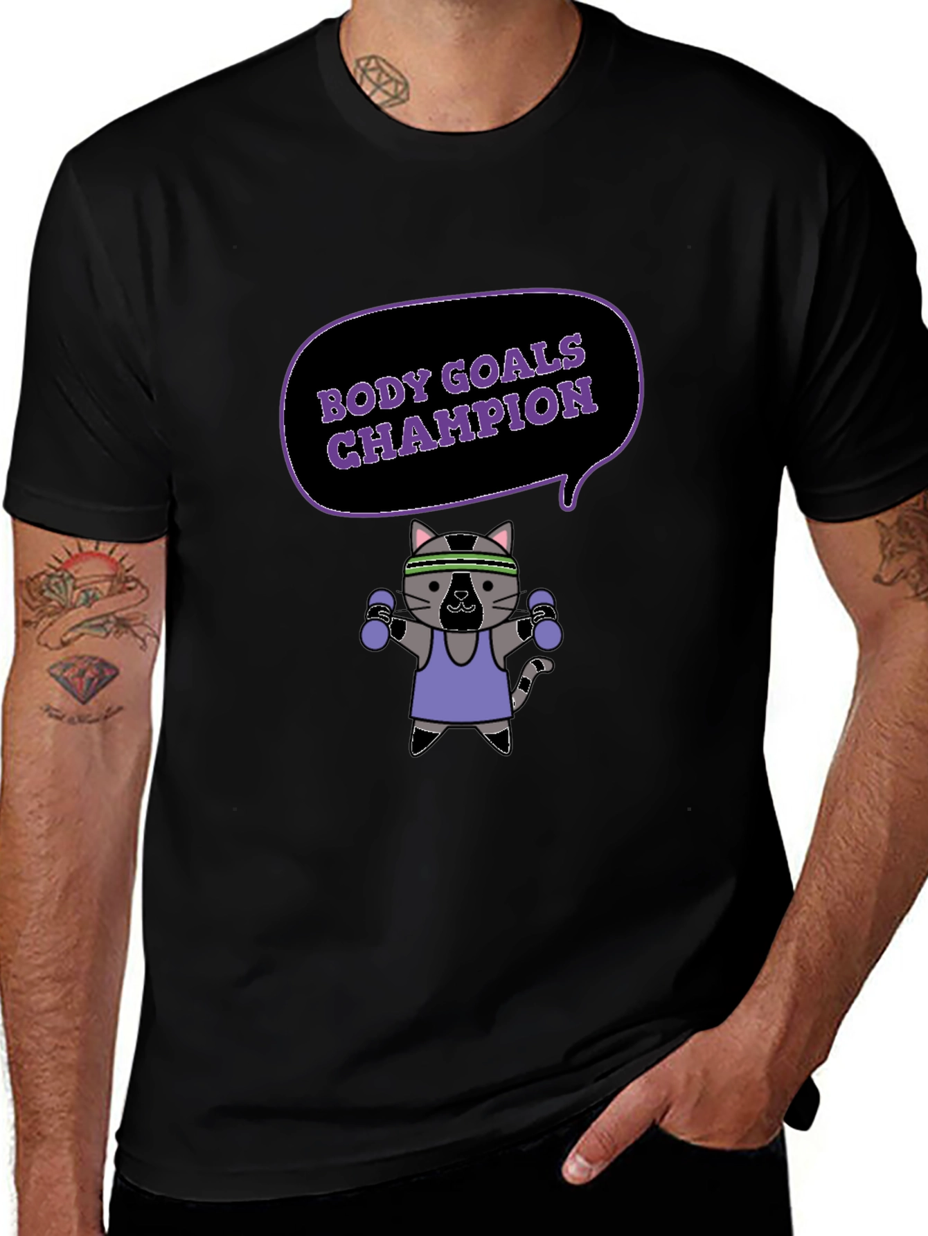 Body Goals Champion T-Shirt - Fitness Cat Design