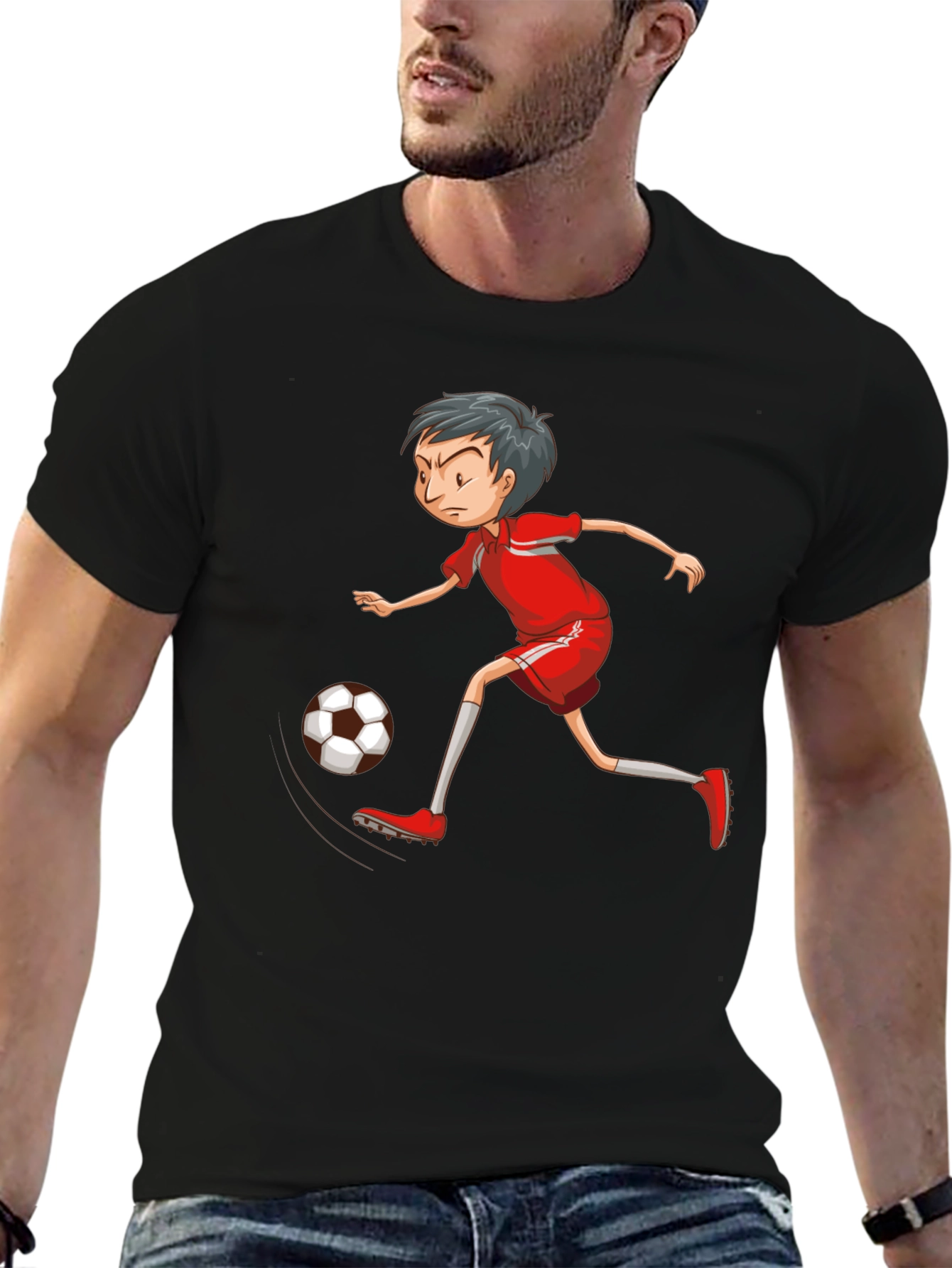 Soccer Player Graphic T-Shirt - Black Cotton Tee