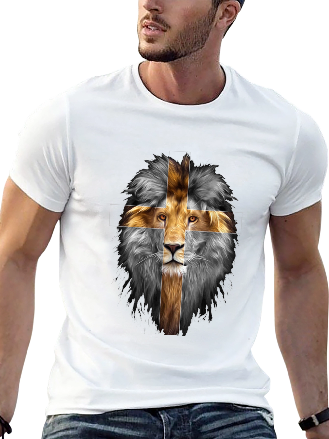 Lion Cross Graphic Print Black T-Shirt