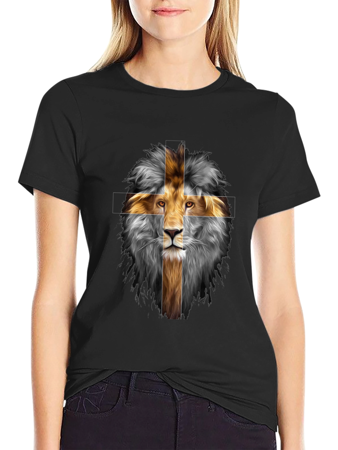 Lion Cross Graphic Print Black T-Shirt