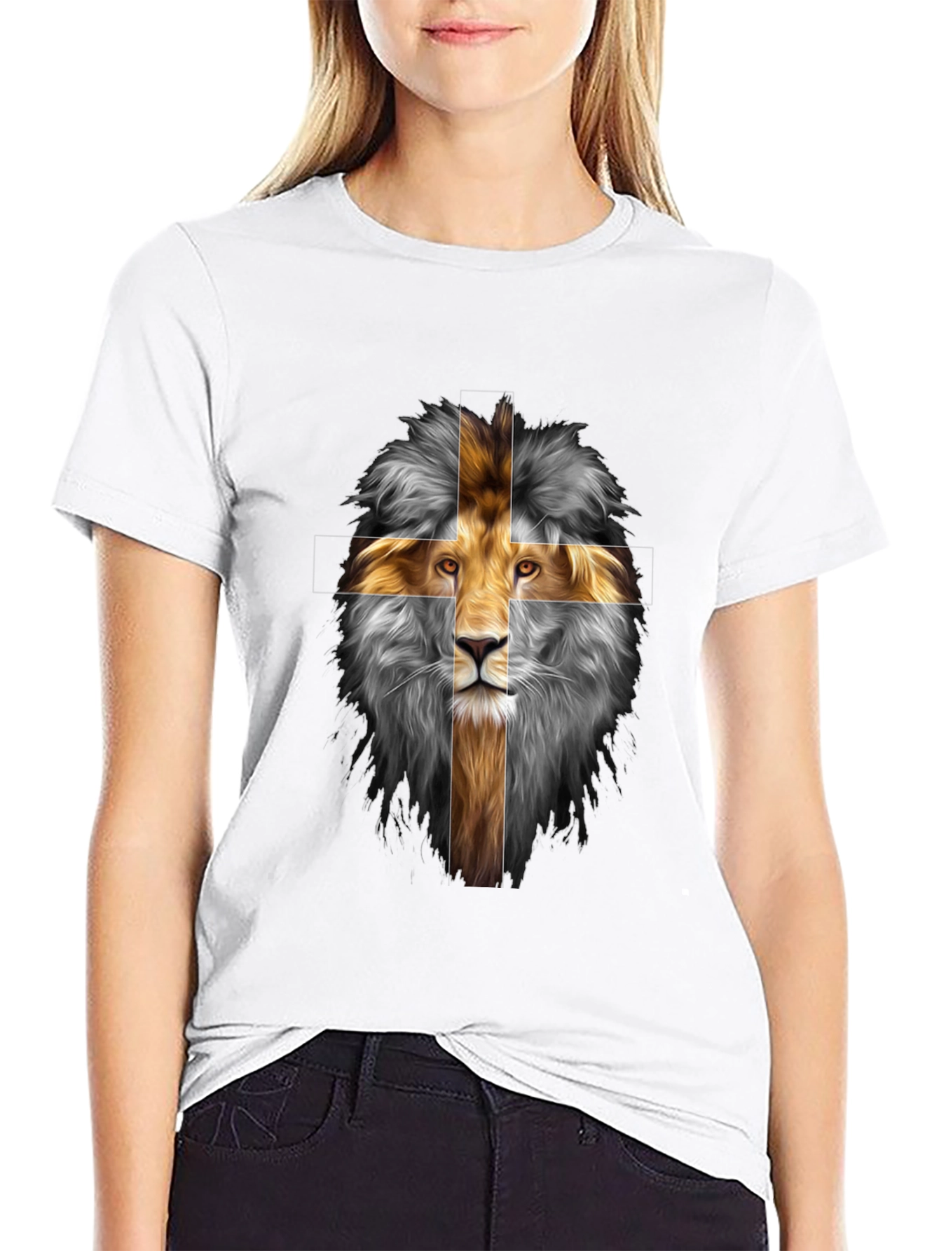 Lion Cross Graphic Print Black T-Shirt