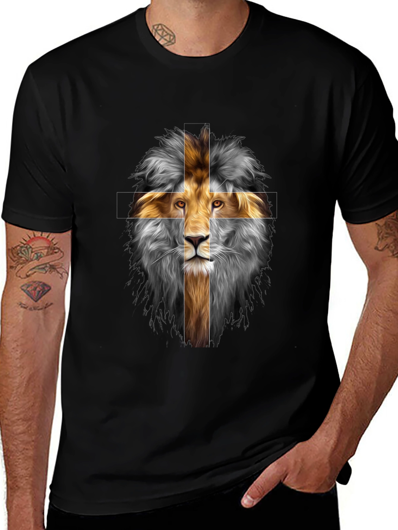 Lion Cross Graphic Print Black T-Shirt