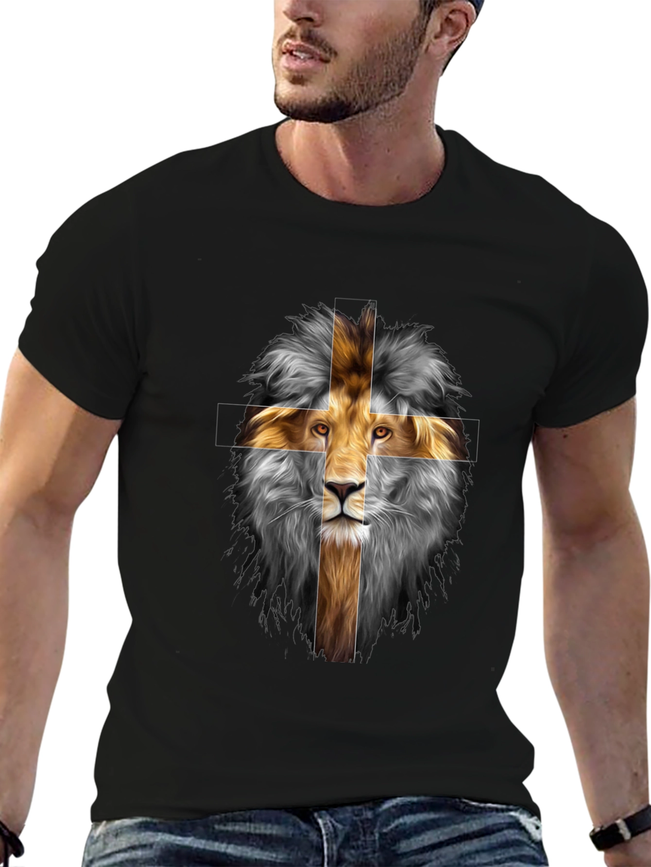 Lion Cross Graphic Print Black T-Shirt