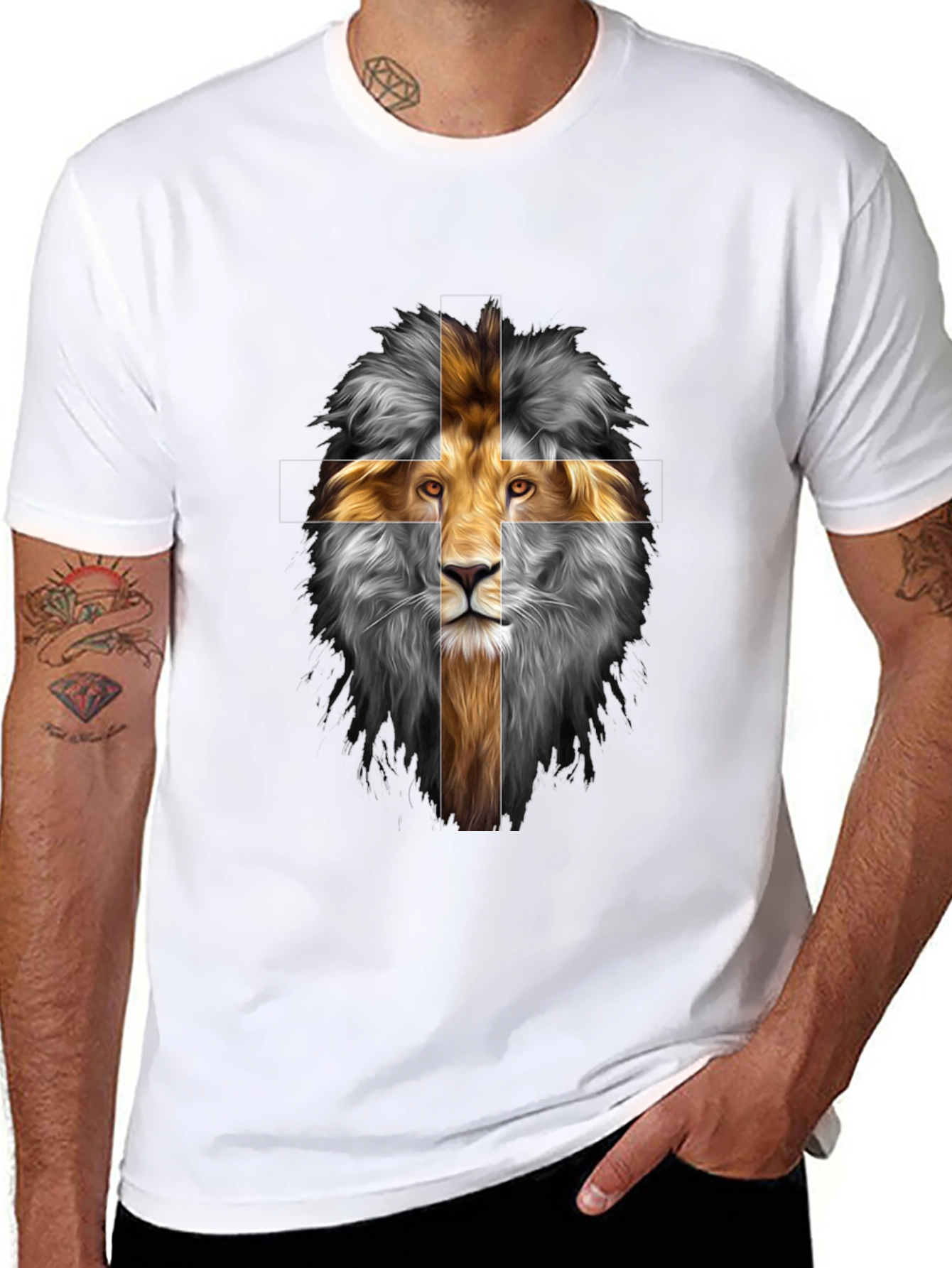 Lion Cross Graphic Print Black T-Shirt