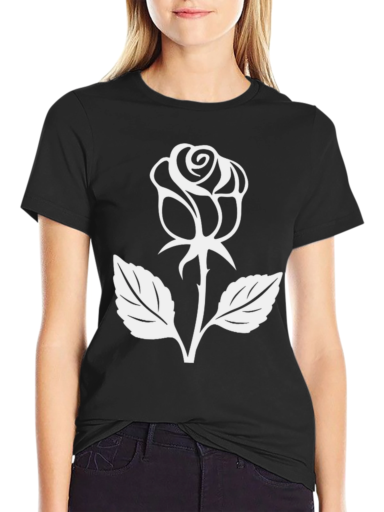 Rose Graphic Tee - Black Cotton Casual Wear