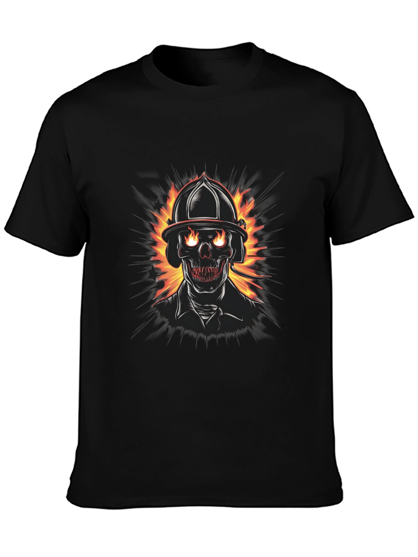 Fiery Firefighter Skull Graphic Tee - Black Cotton T-Shirt