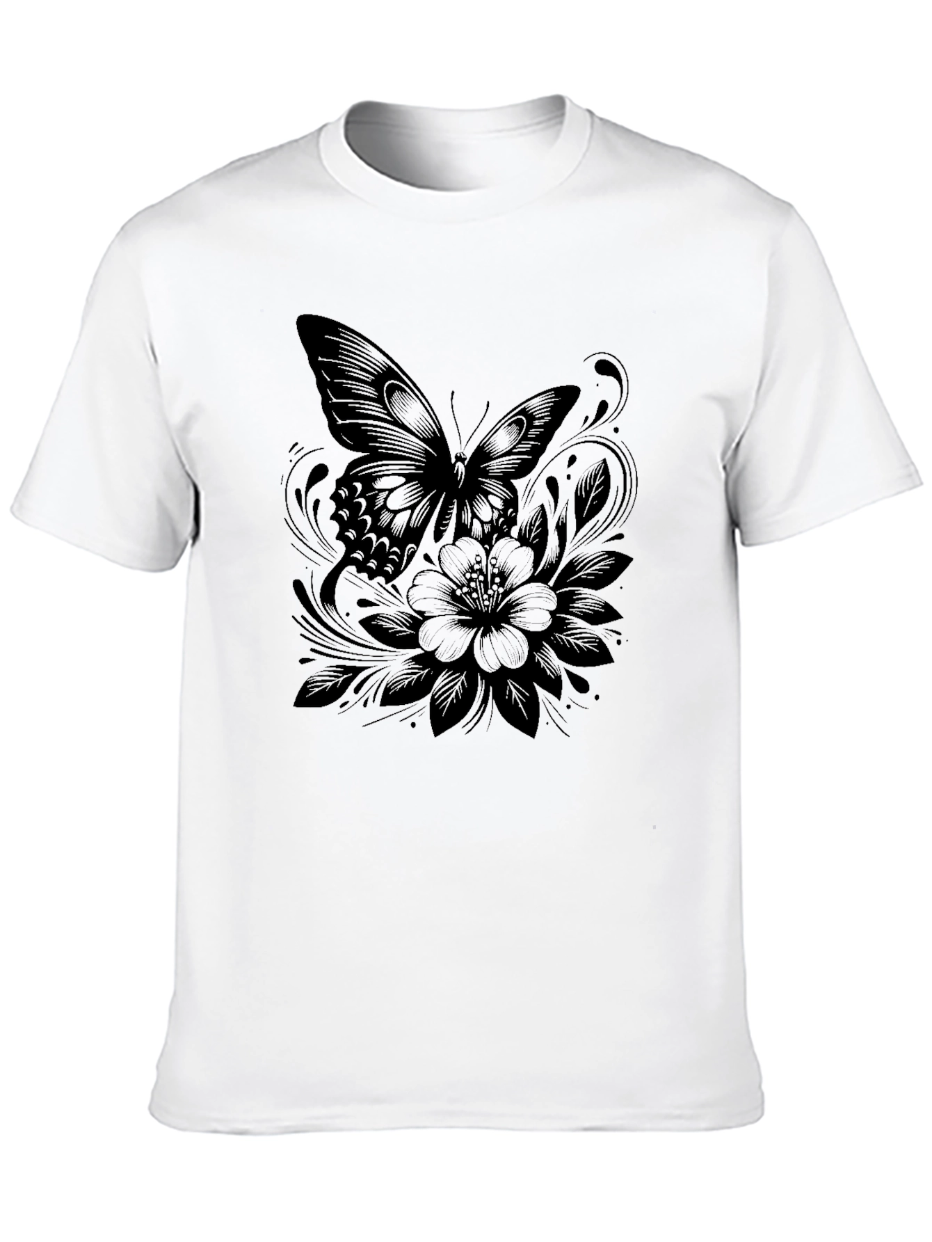 Butterfly and Floral Print Black T-Shirt