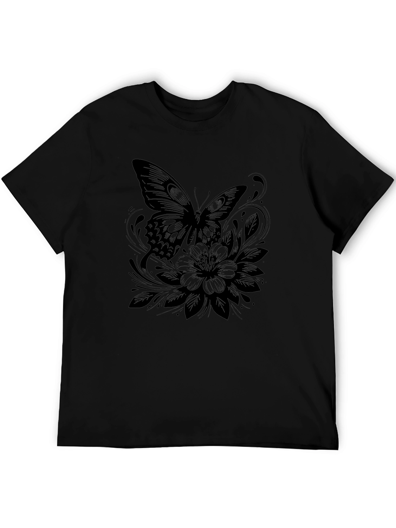 Butterfly and Floral Print Black T-Shirt